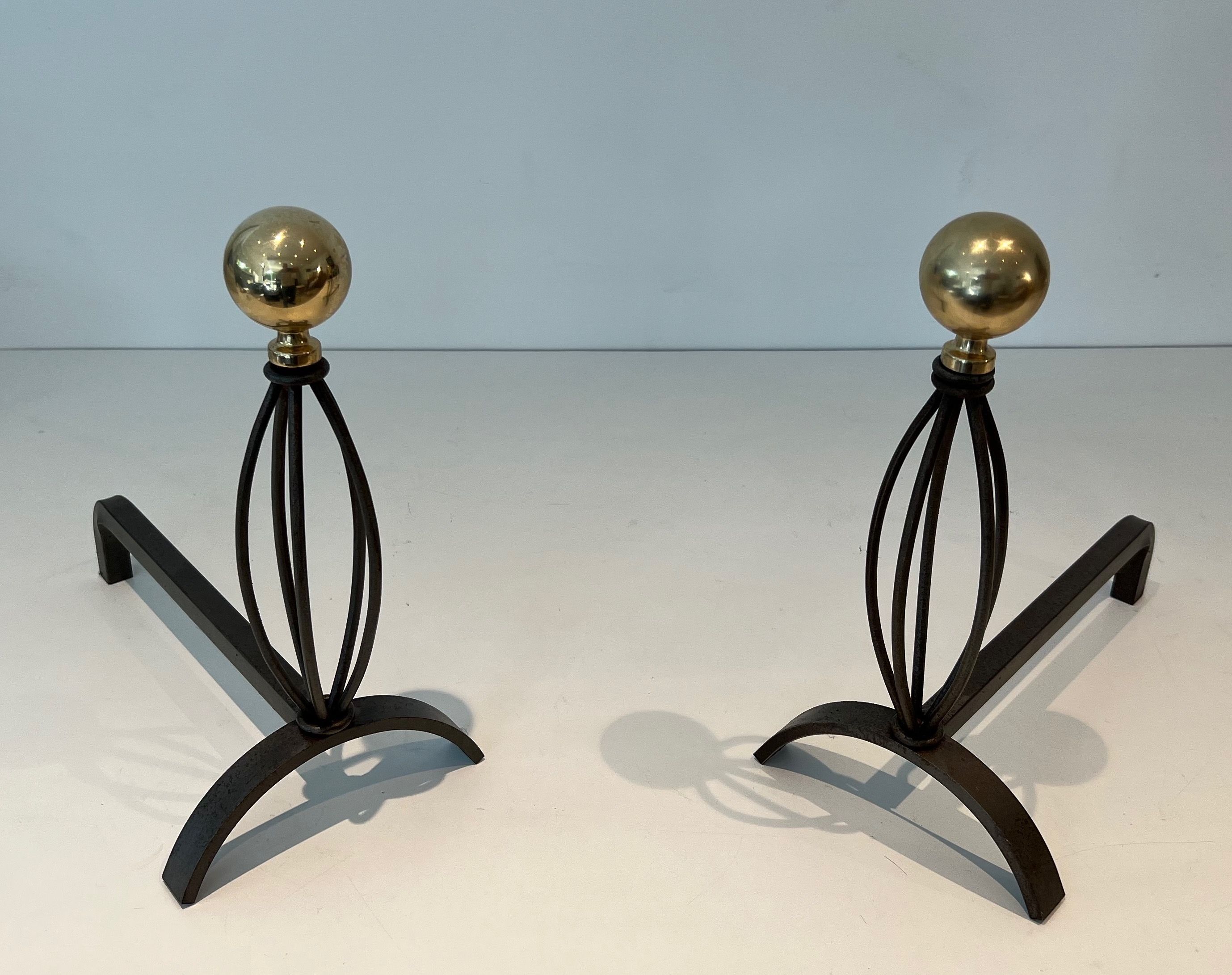 Pair of Wrought Iron and Brass Andirons