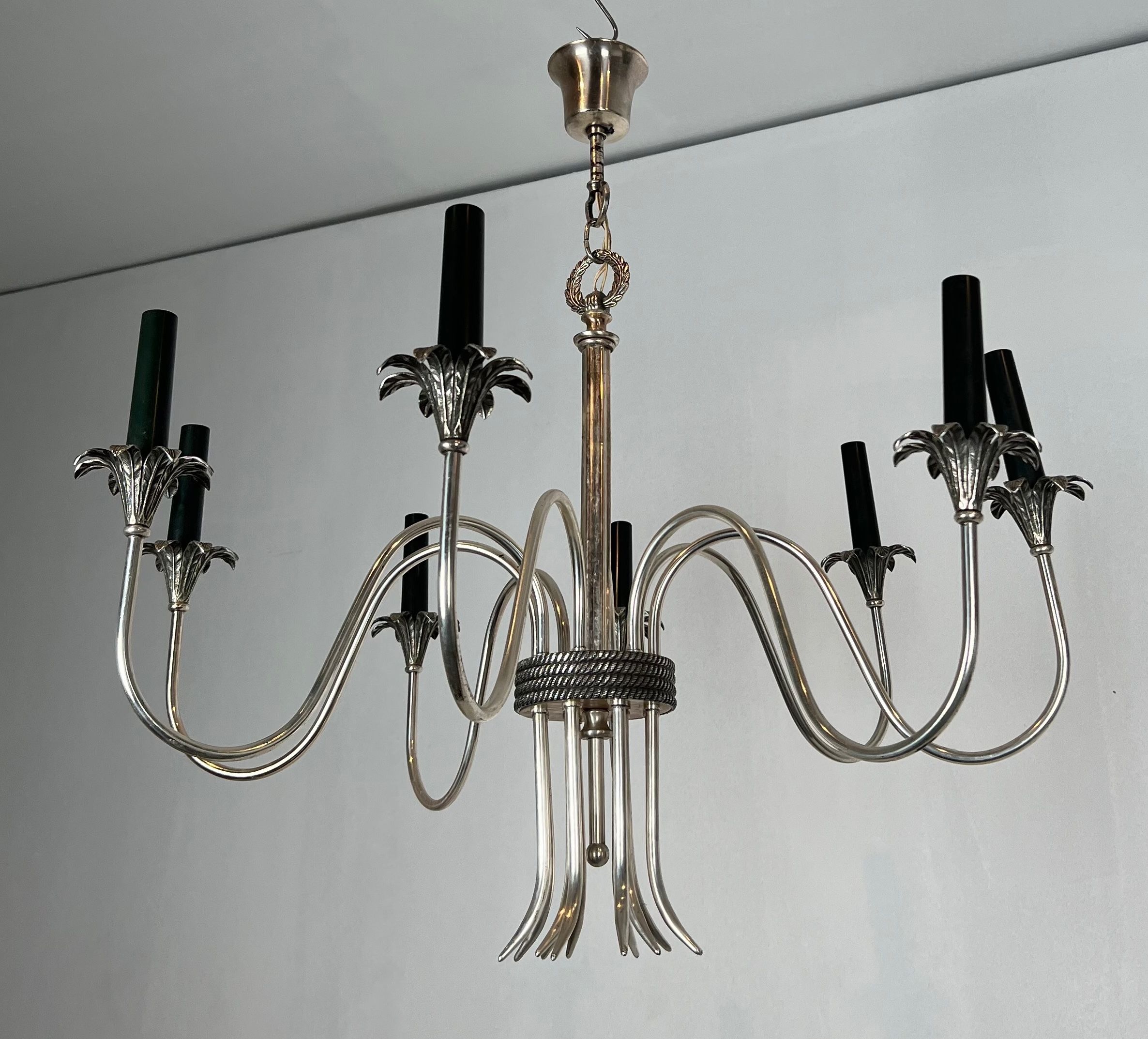 Neoclassical Style Silvered Metal Chandelier by Maison Charles