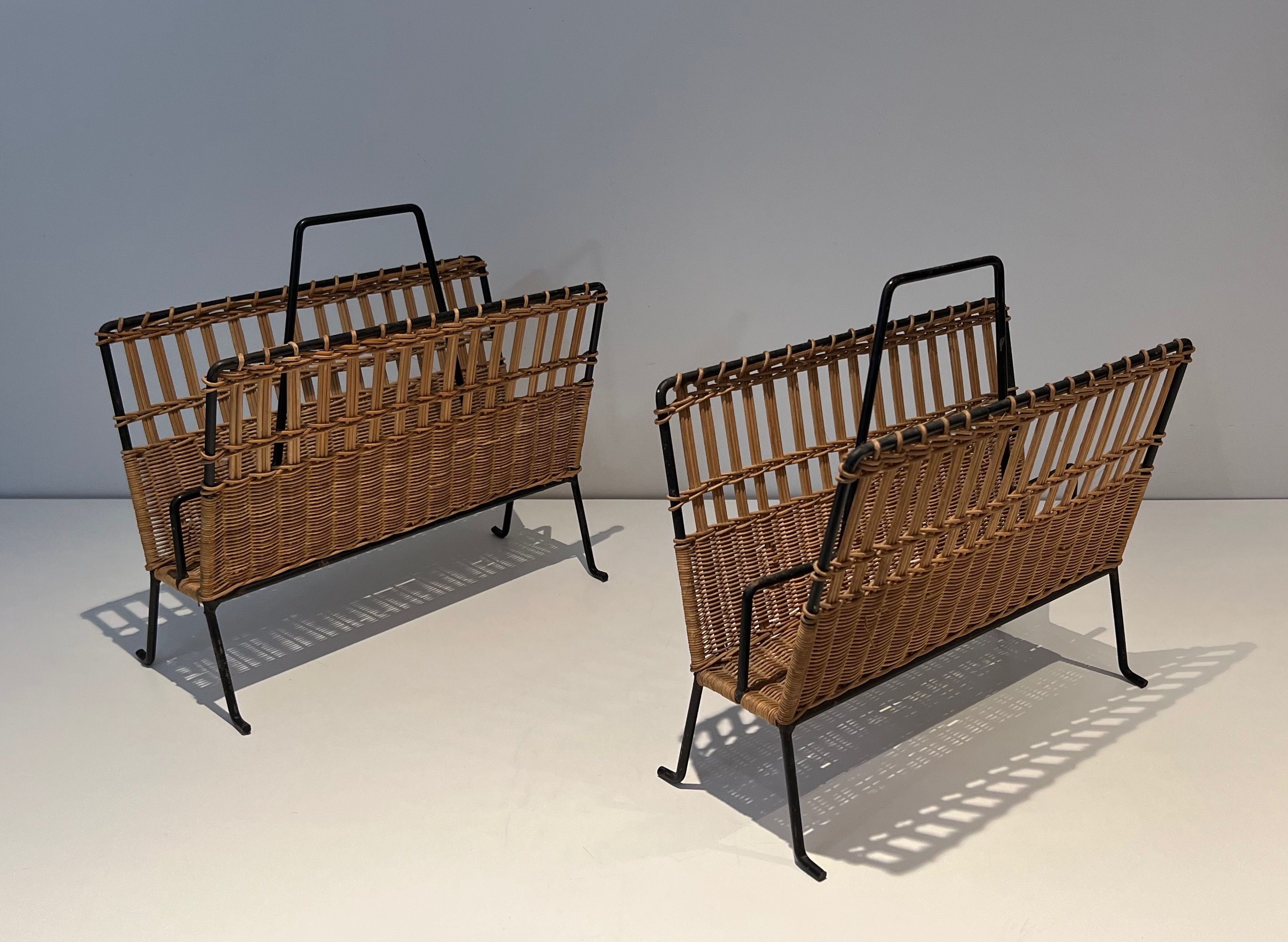 Pair of Rattan and Black Lacquered Magazine Rack