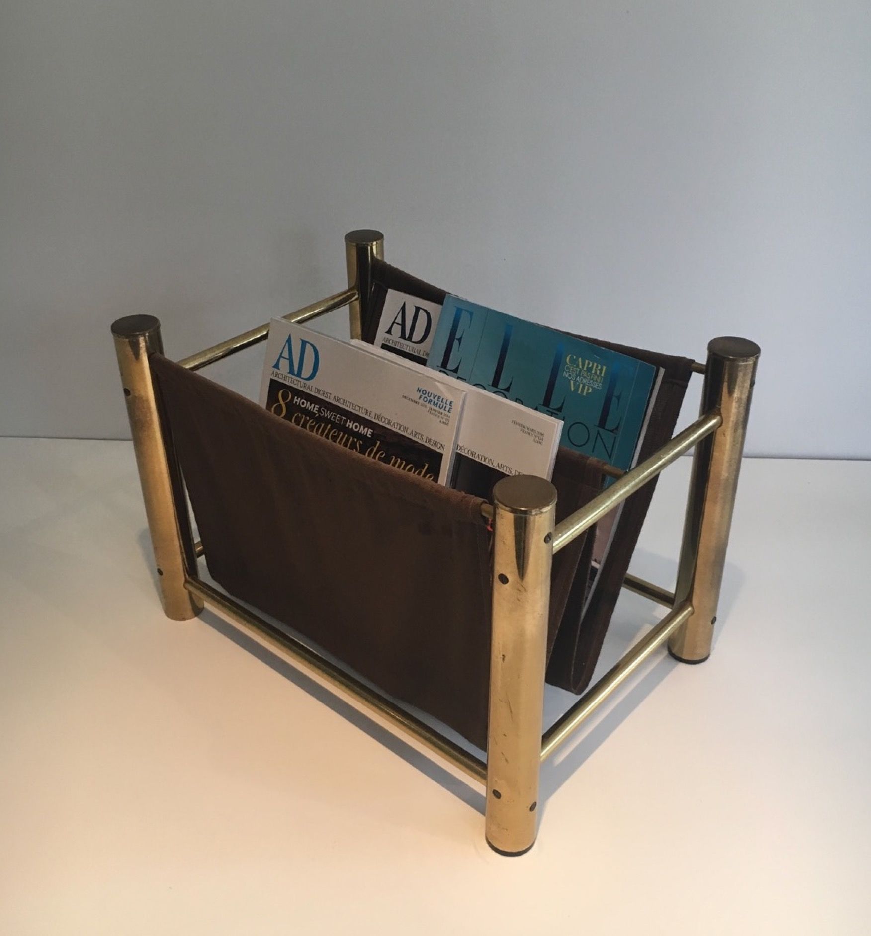 Gilt Metal and Fabric Magazine Rack