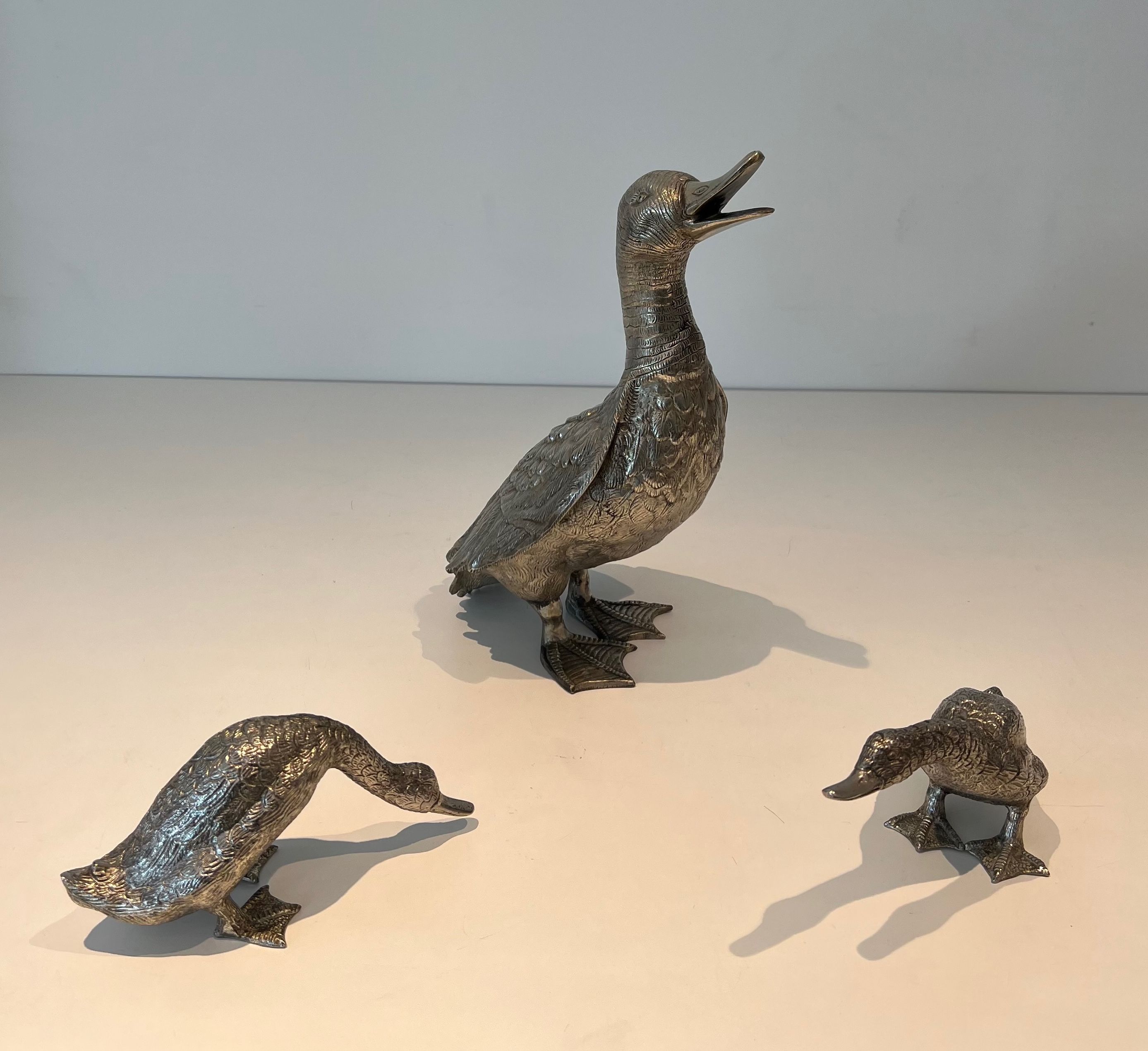 Set of Three Silvered Bronze Ducks