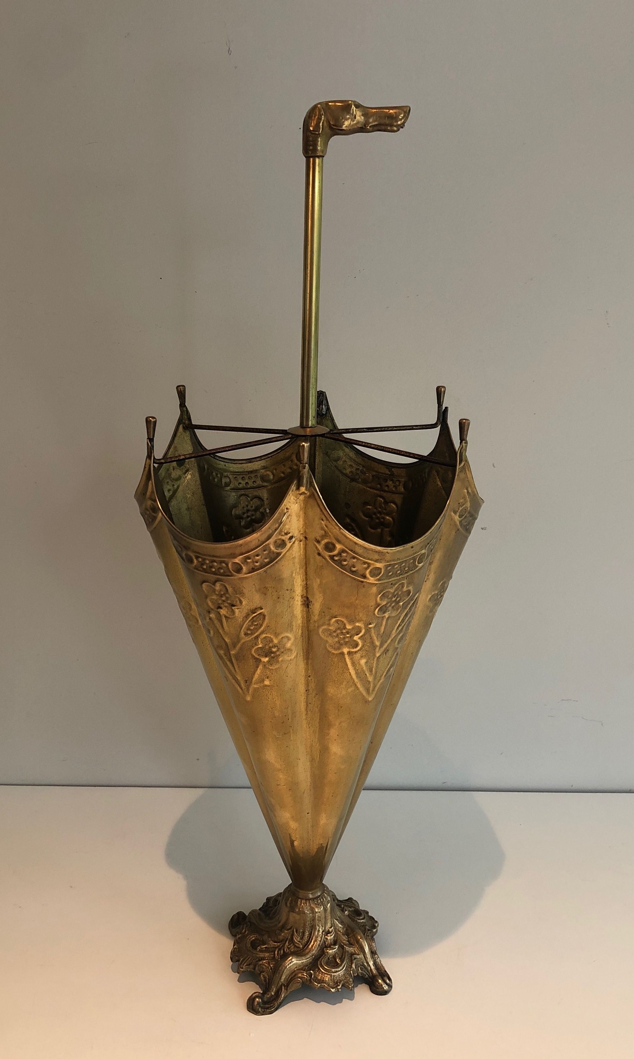 Brass Umbrella Stand Representing a Dog's Head Umbrella