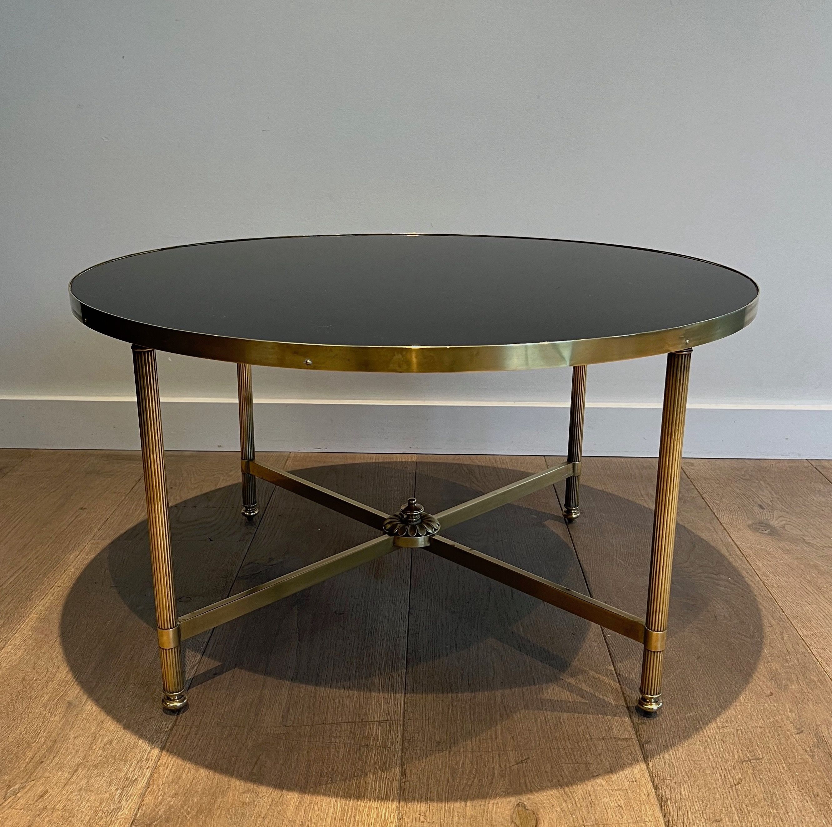 Round Brass Coffee Table with Black Lacquered Glass Top by Maison Jansen