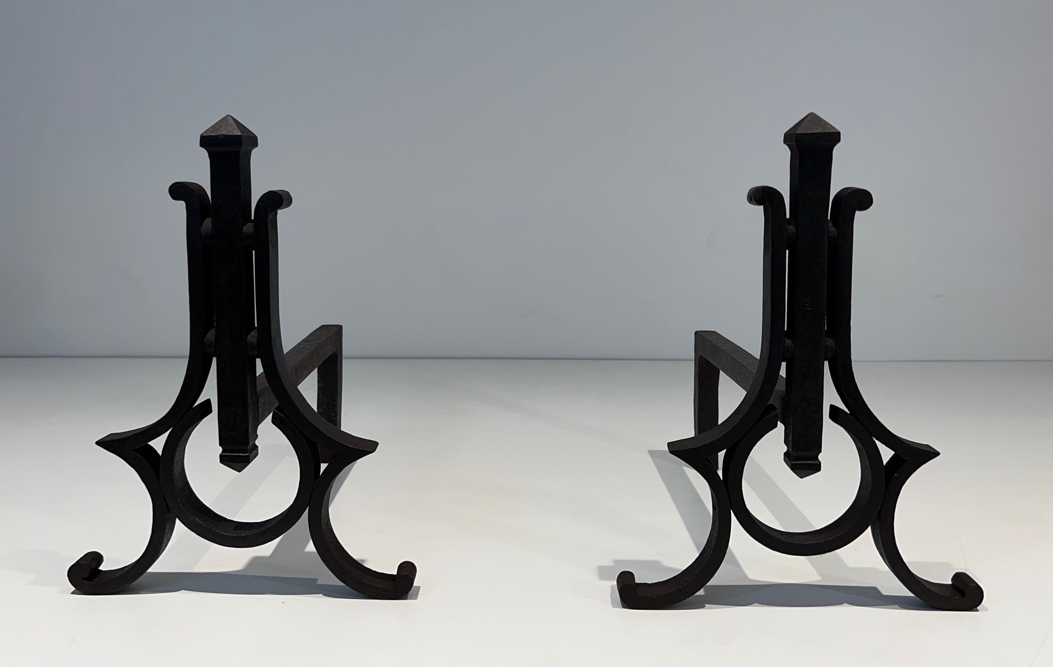 Pair of Modernist Wrought Iron Andirons