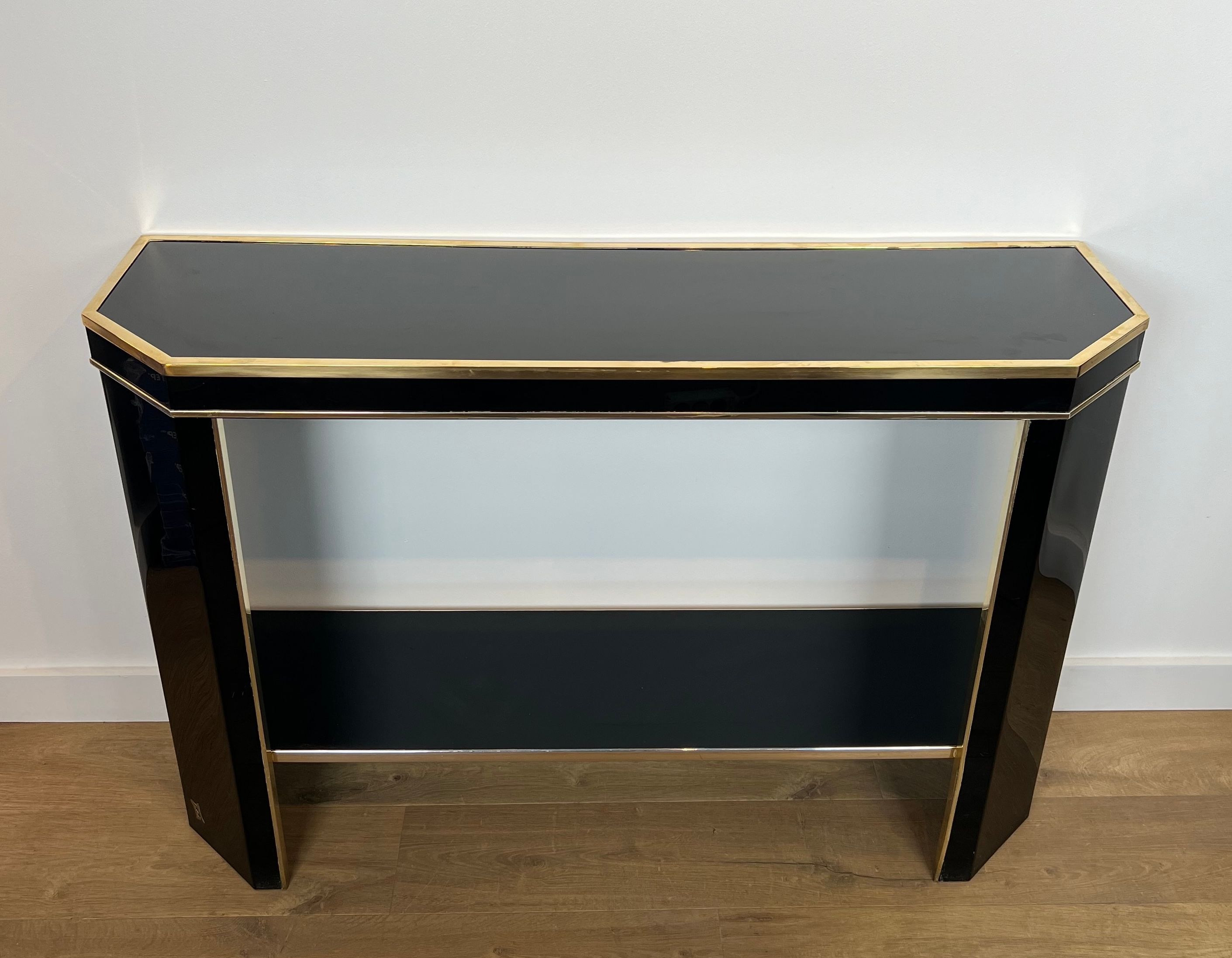 Black Lacquered and Gilt Metal Console Signed Jean-Claude Mahey