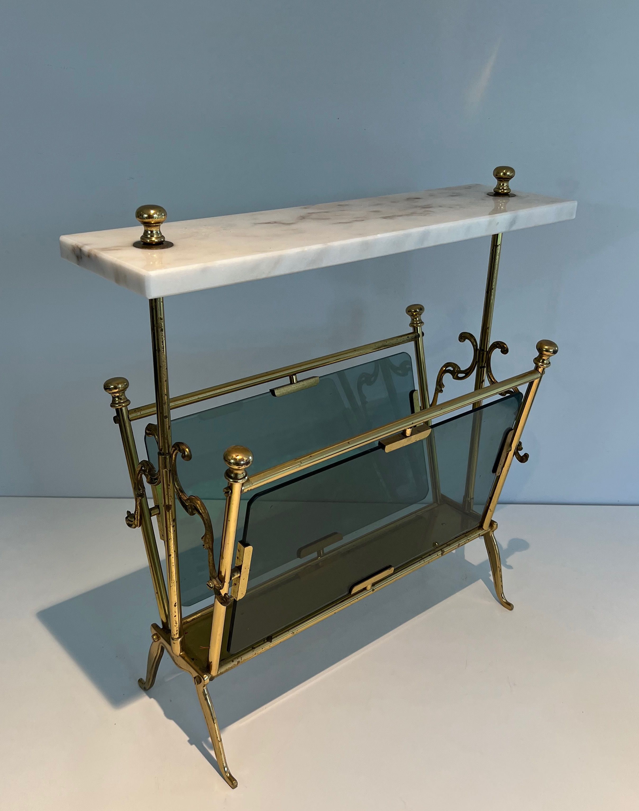 Brass Magazine Rack with Bluish Glass and White Marble Top