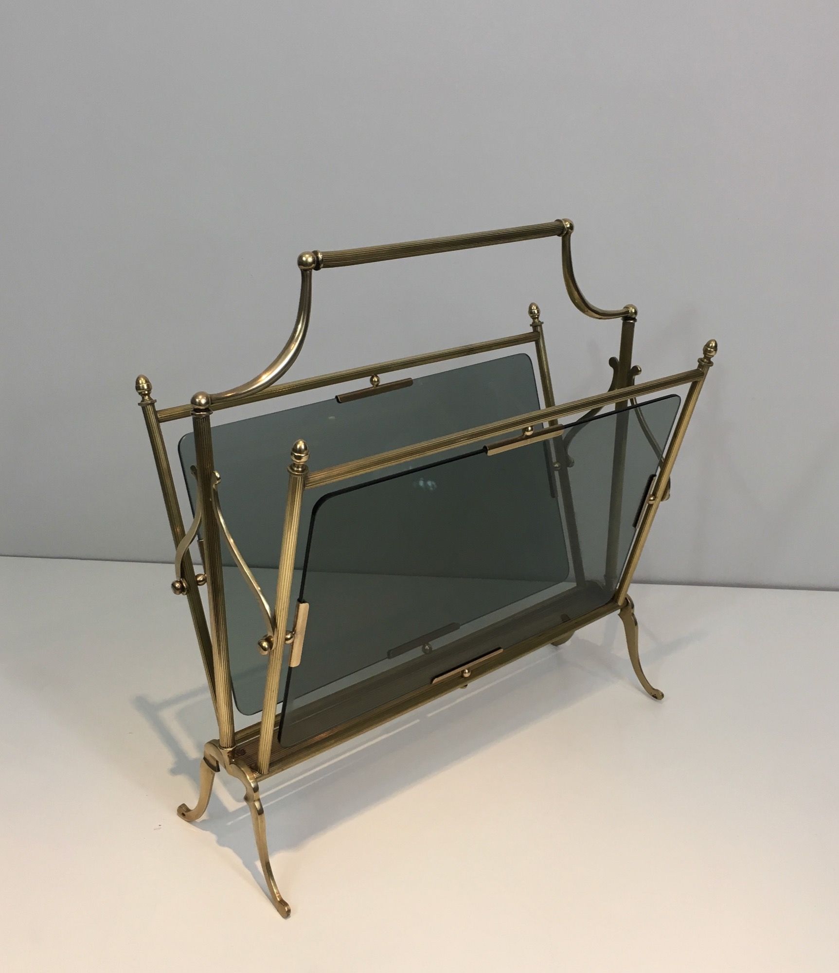 Brass and Blueish Glass Magazine Rack by Maison Jansen