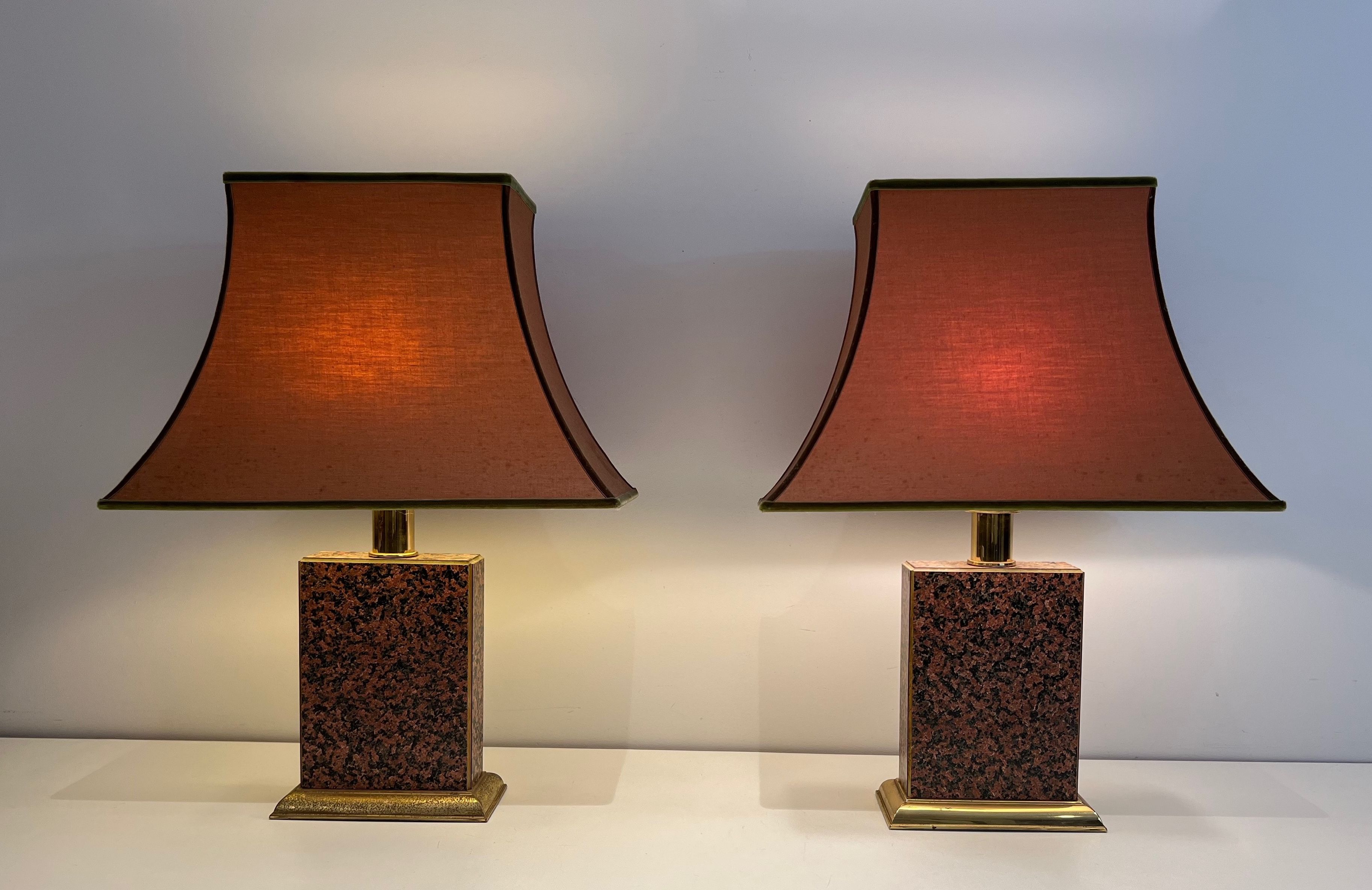 Pair of Chinese Style Lamps in Printed Wood and Gold Metal with Pagoda Lampshades