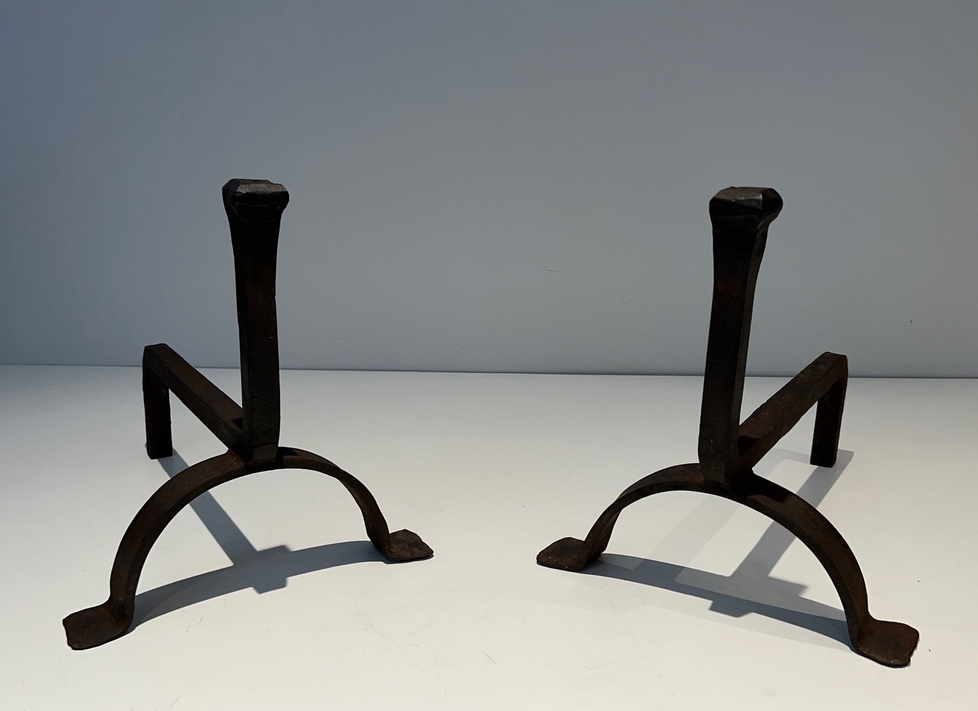 Pair of Cast Iron and Wrought Iron Andirons