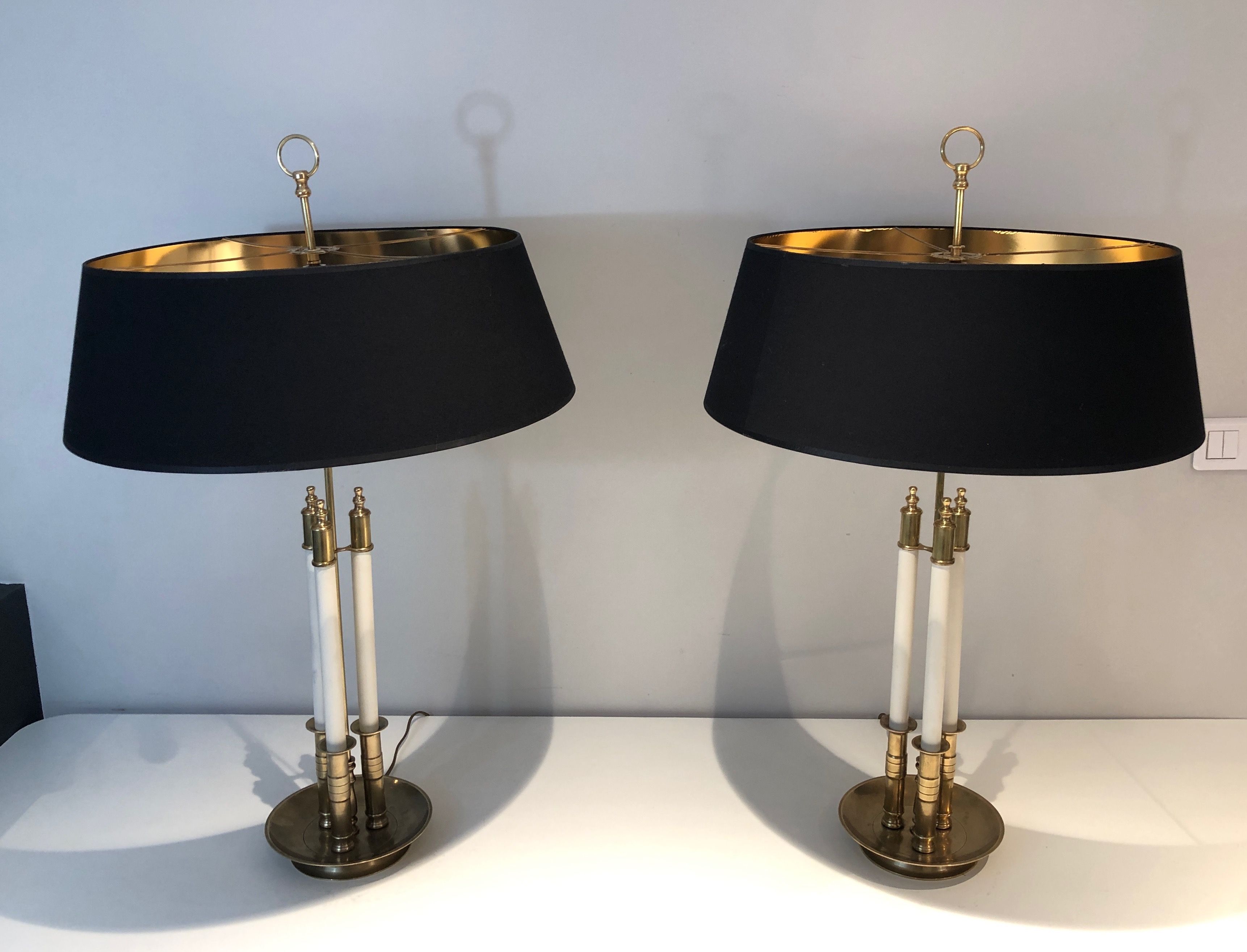 Pair of Neoclassical Style Brass and White Lacquered Table Lamps