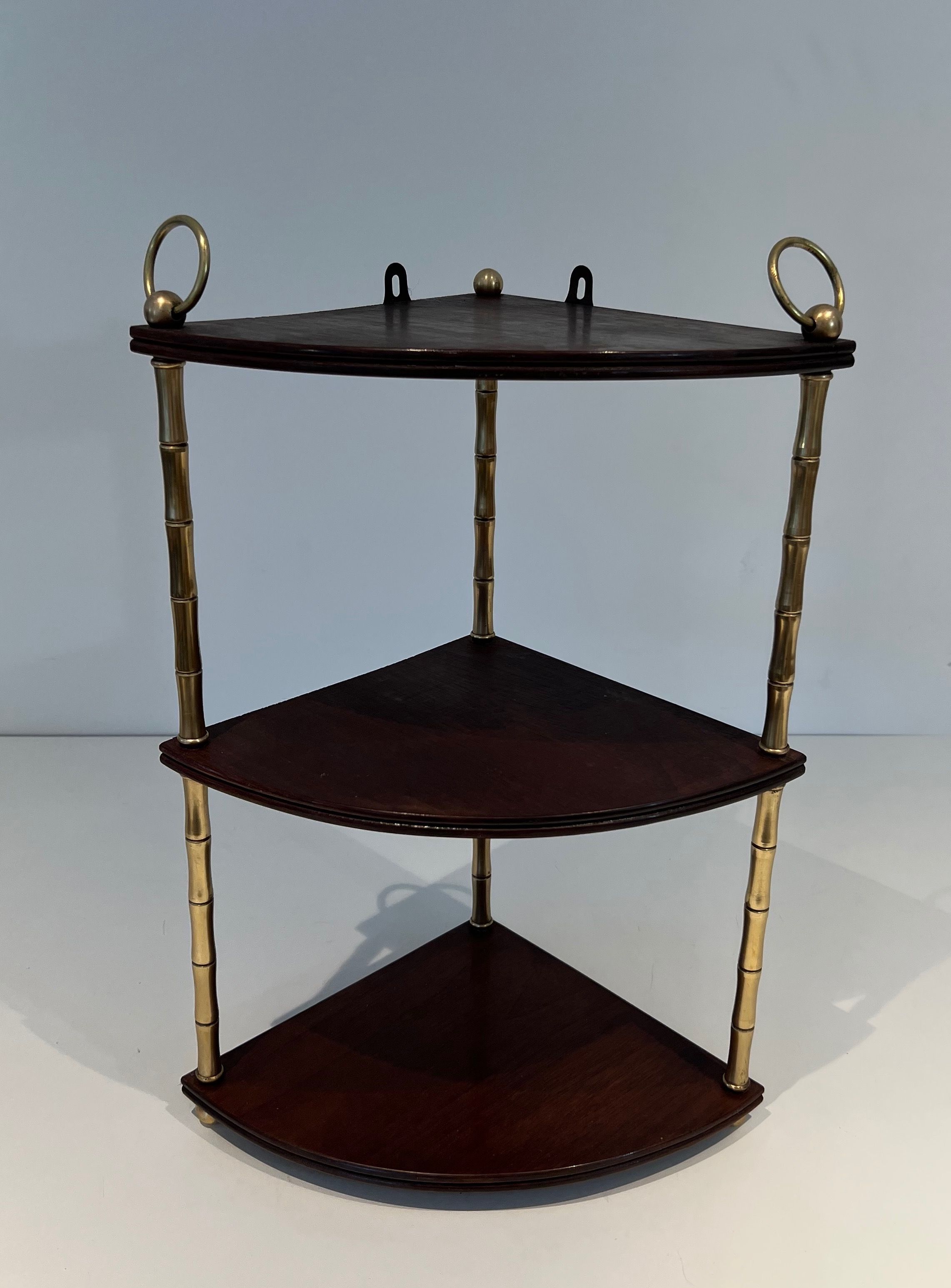 Corner Shelves made of Faux-Bamboo Brass and Mahogany in the Style of Maison Baguès