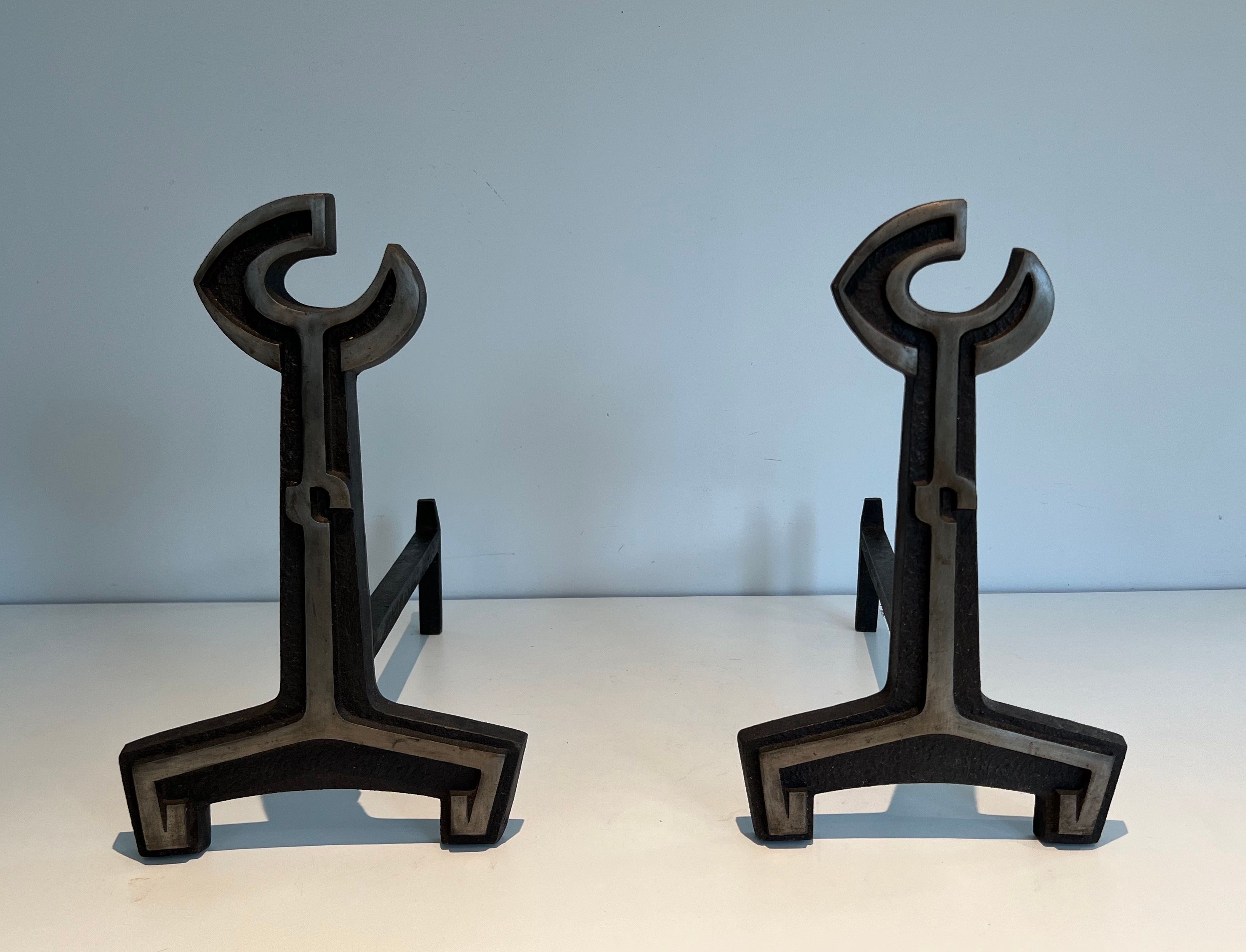 Pair of Modernist Cast Iron and Wrought Iron Andirons