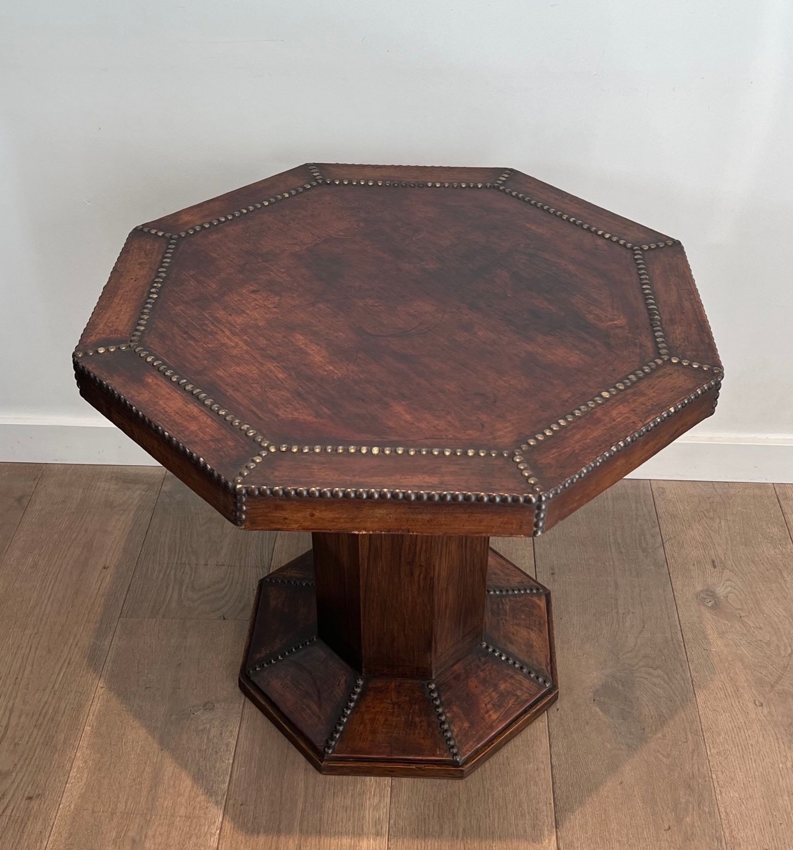 Octagonal Pedestal Gueridon made of Oak and Leather Studded with Large Round-Headed Brass Nails