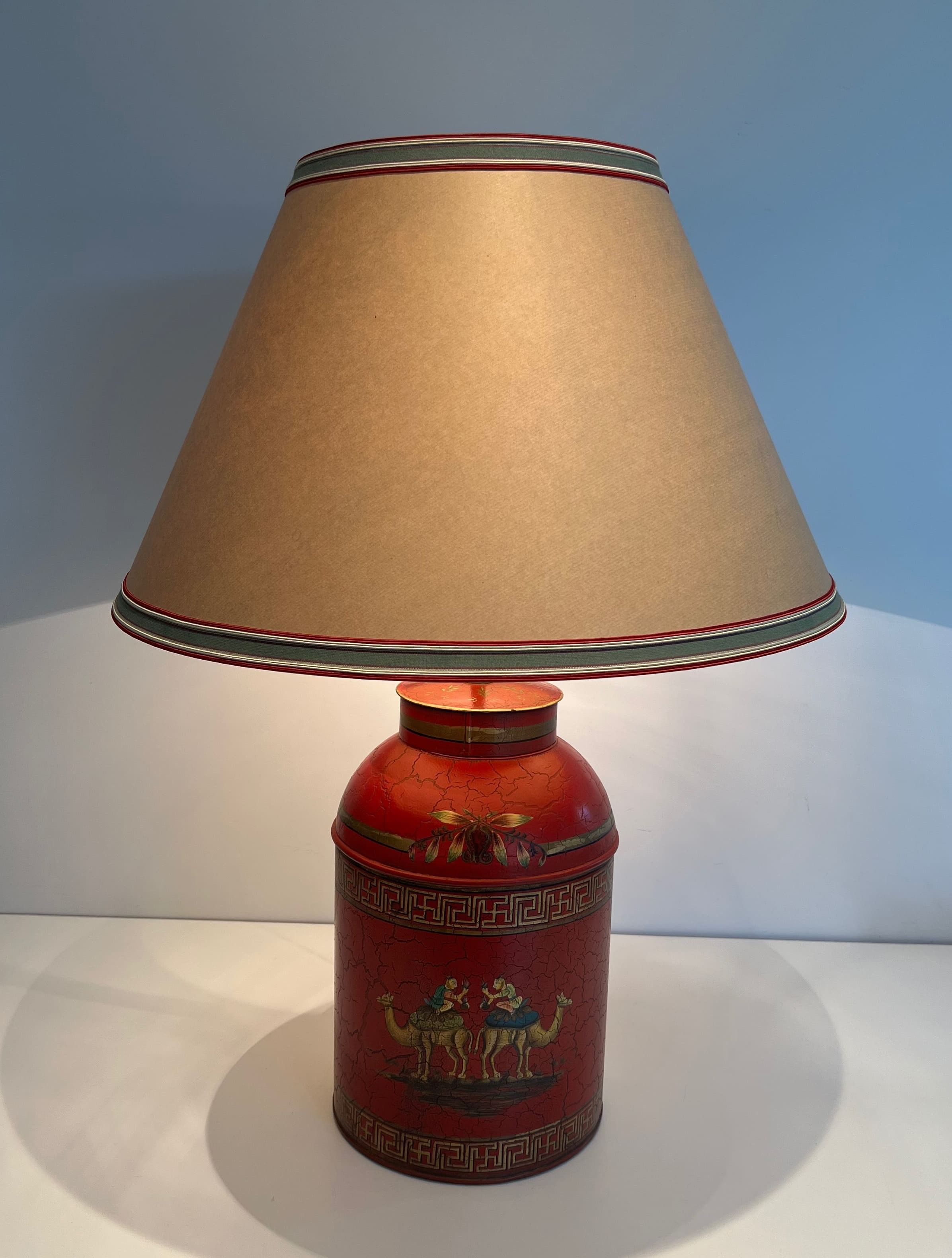Red Painted Tole Lamp with Chinoiserie Decor, 20th Century
