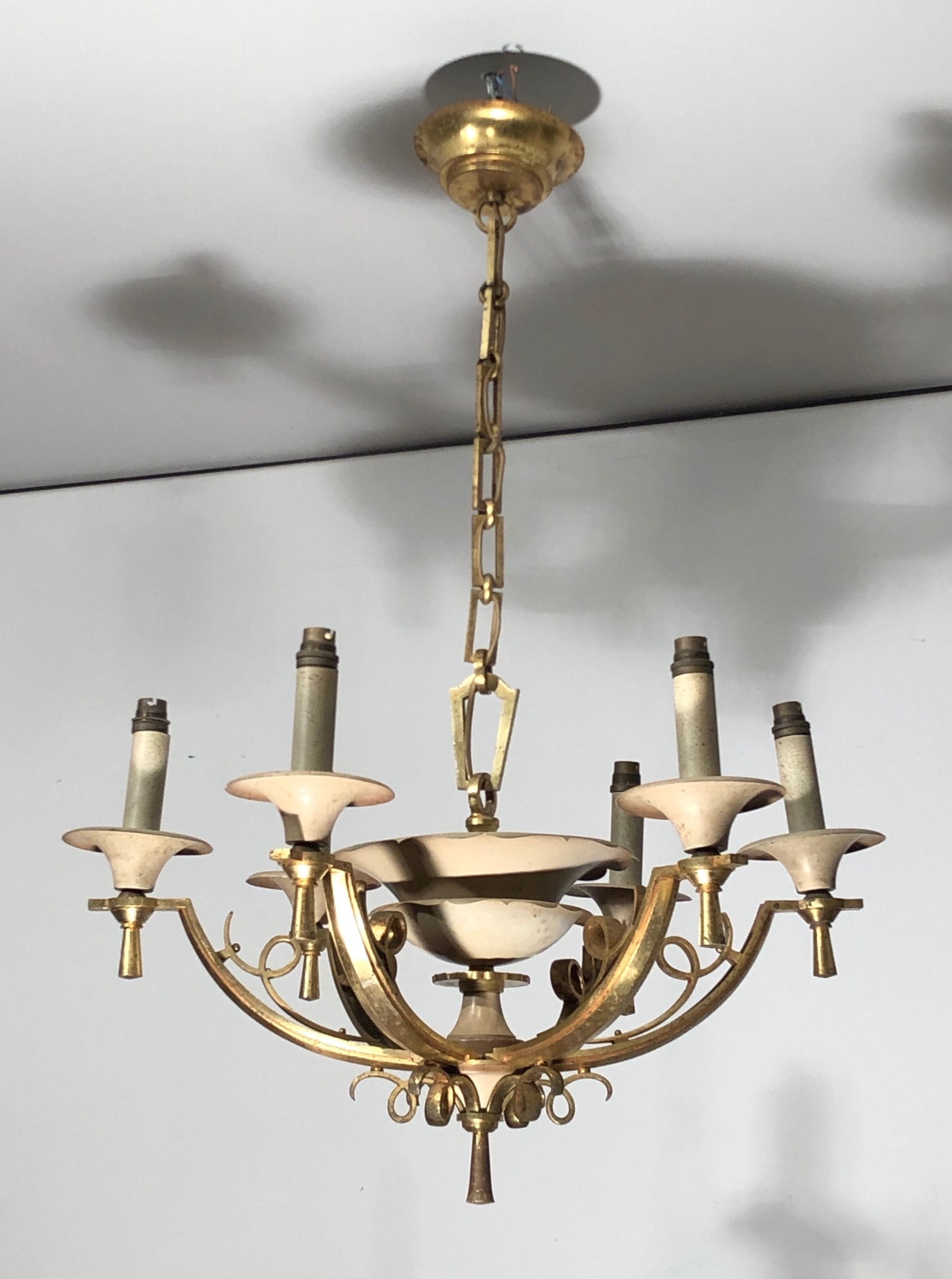 Lacquered Metal and Brass Chandelier. Circa 1940