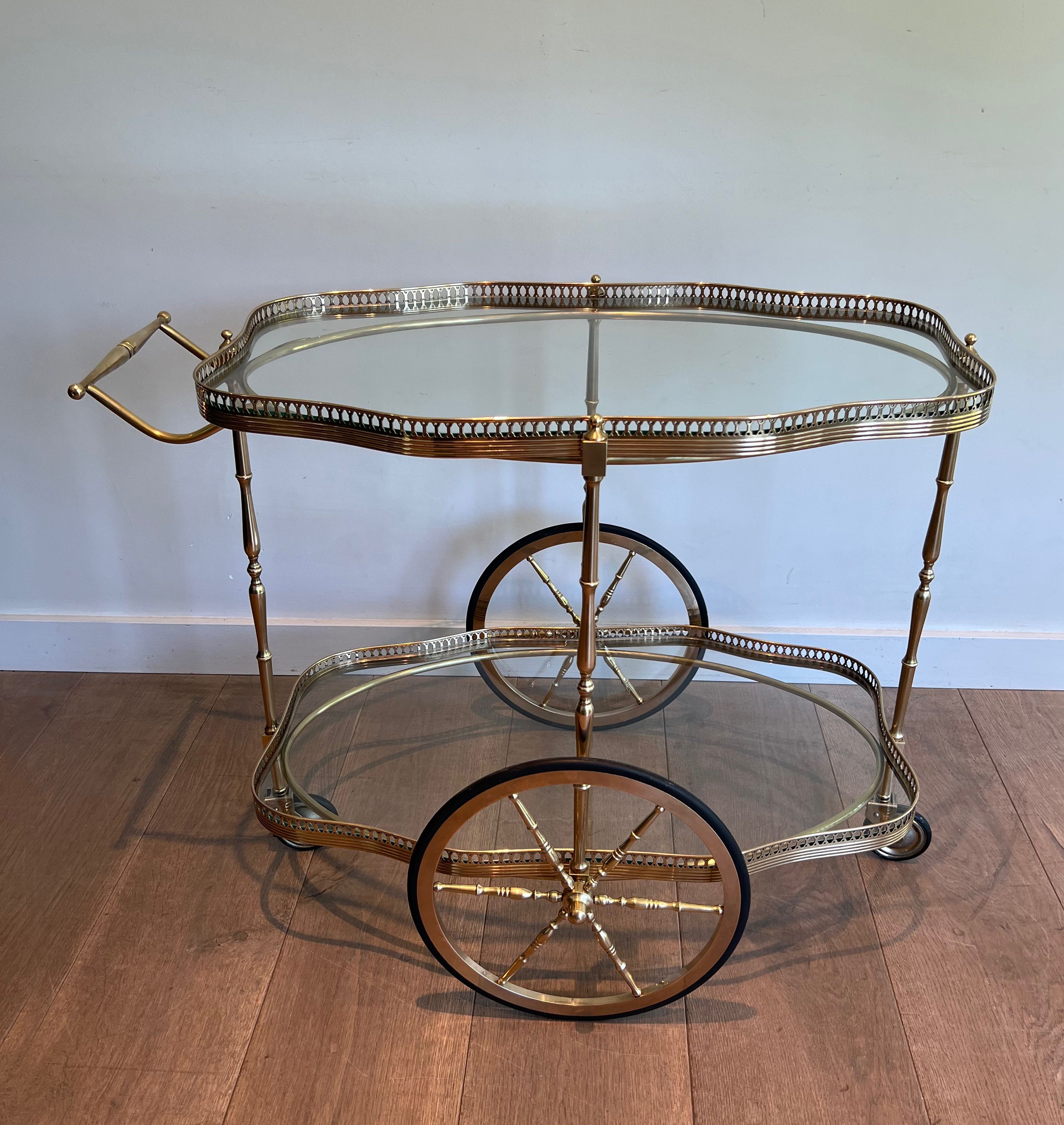 Neoclassical Style Oval Brass Drinks Trolley with Two Glass Shelves 