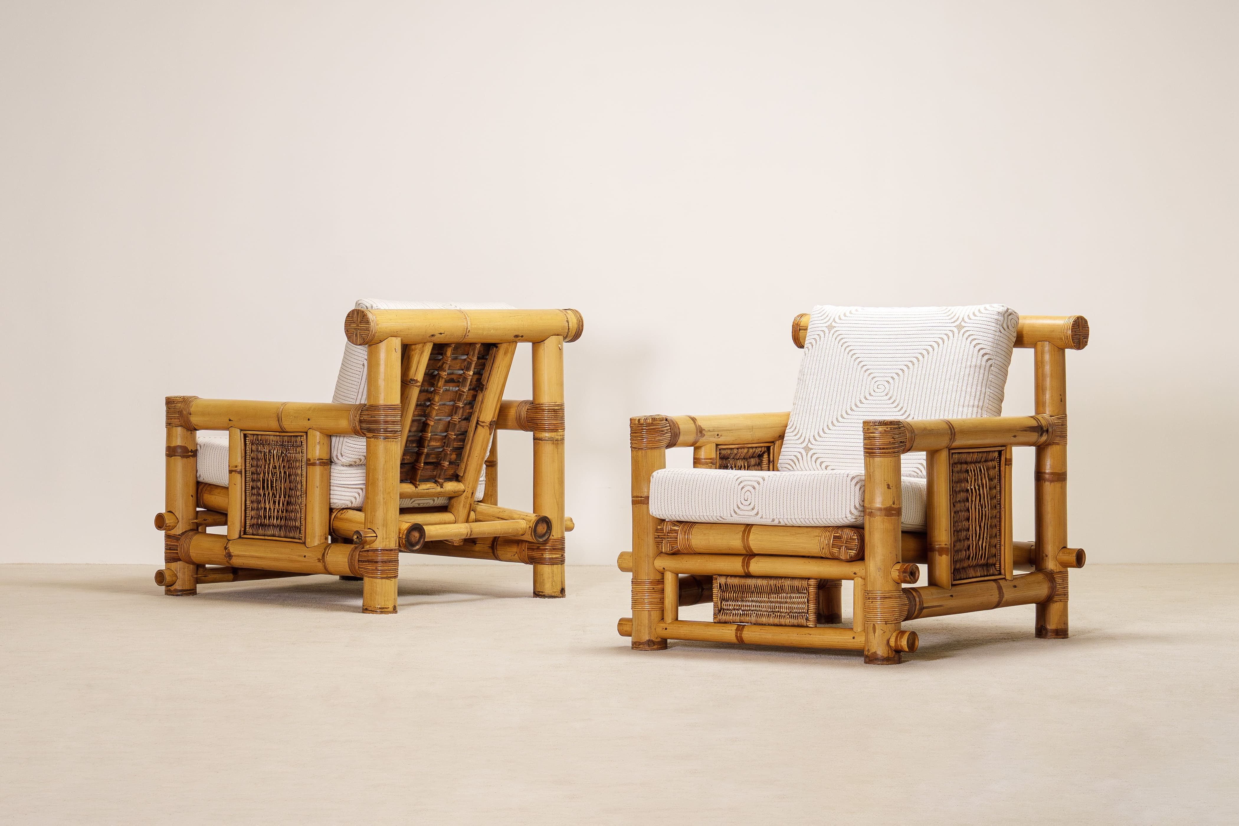 Pair of Large Bamboo Armchairs with Pierre Frey Cushions, French, circa 1970