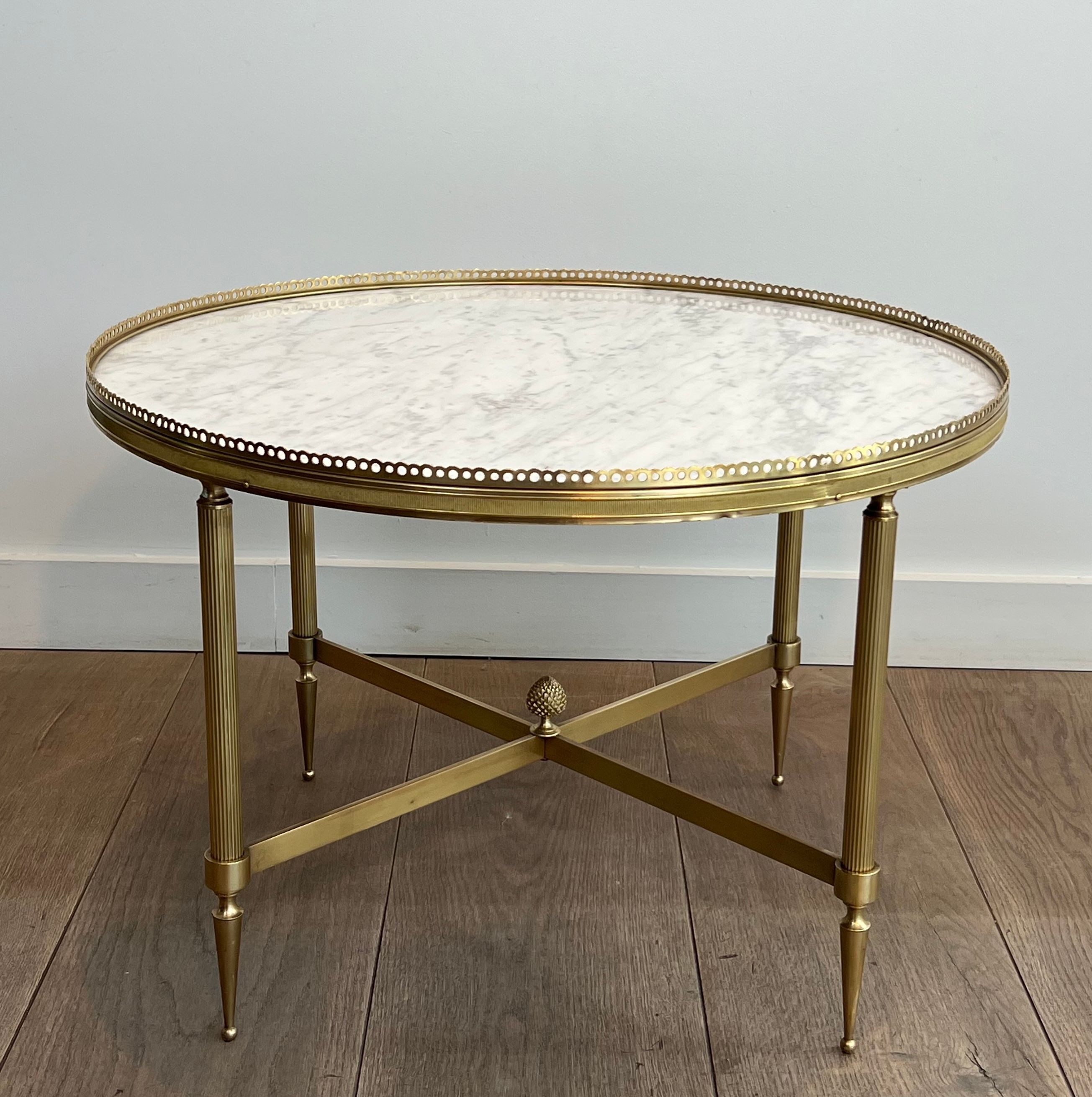 Neoclassical Style Round Brass Coffee Table with Carrara Marble Top by Maison Jansen
