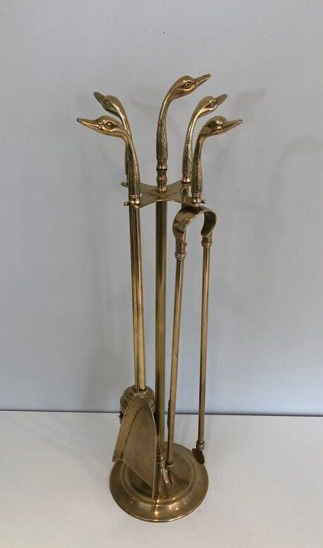Brass Duck Heads Fireplace Tools on Stand In the Style of Maison Jansen