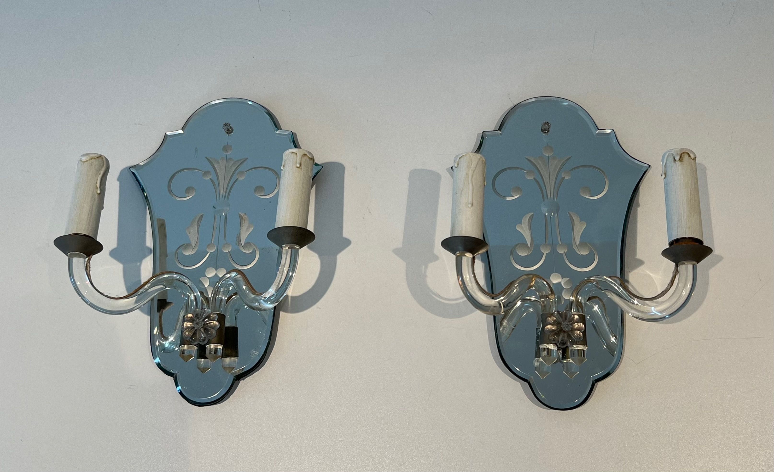  Pair of Murano Wall Lights made of Engraved Mirror, Crystal and Silver Plated Metal