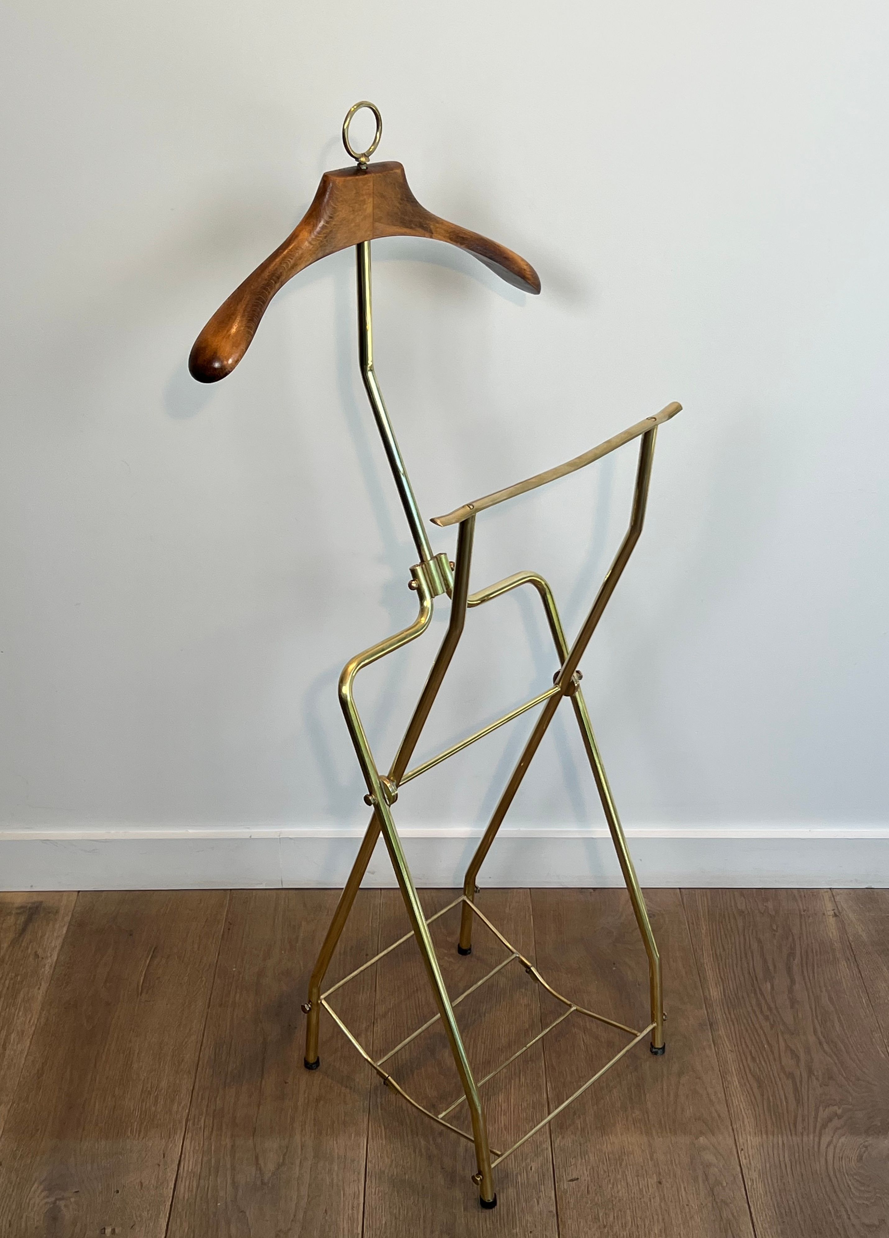 Neoclassical Style Folding Brass and Wood Valet on Casters