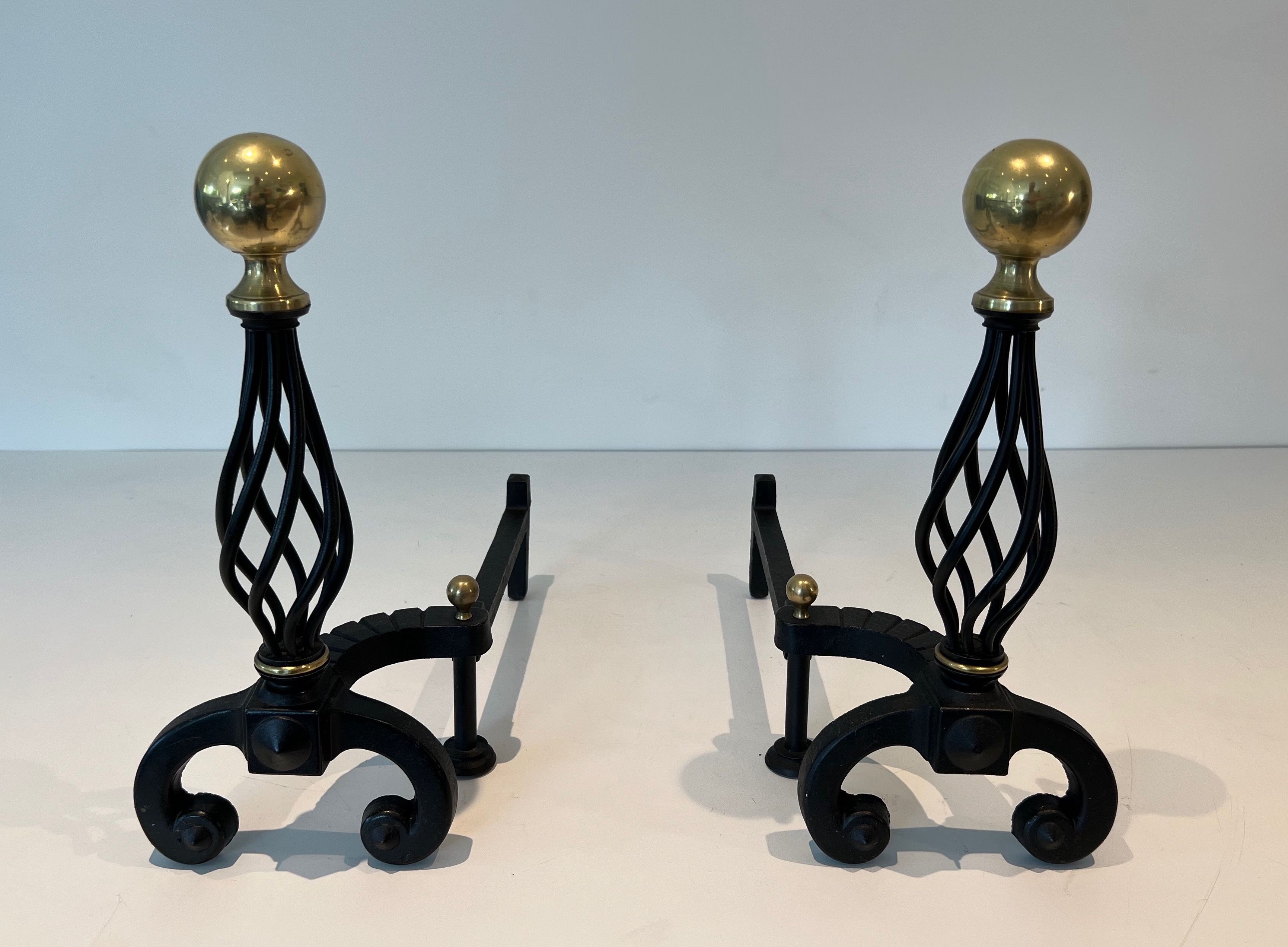 Pair of Wrought Iron and Brass Andirons