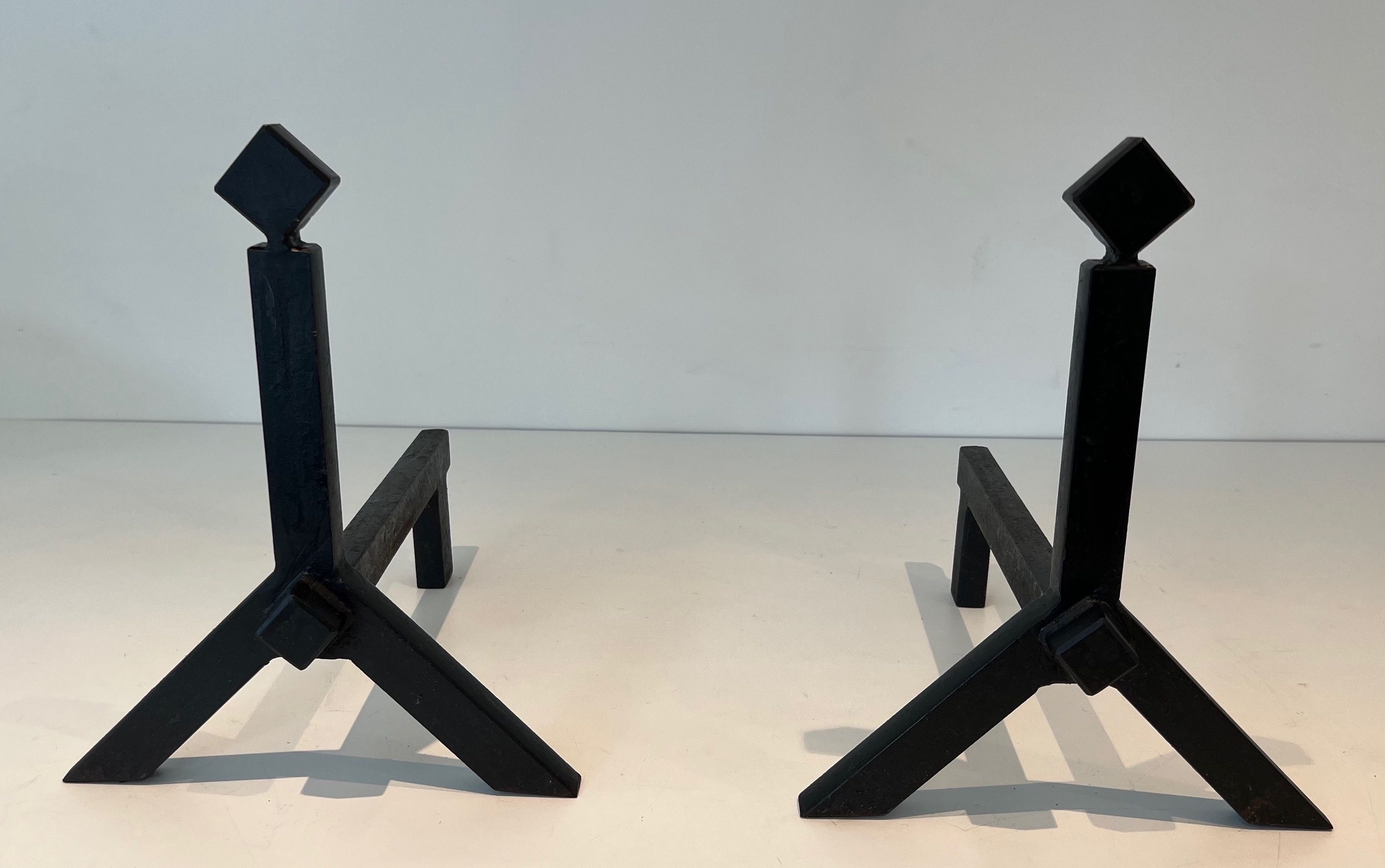 Pair of Modernist Cast Iron and Wrought Iron Andirons