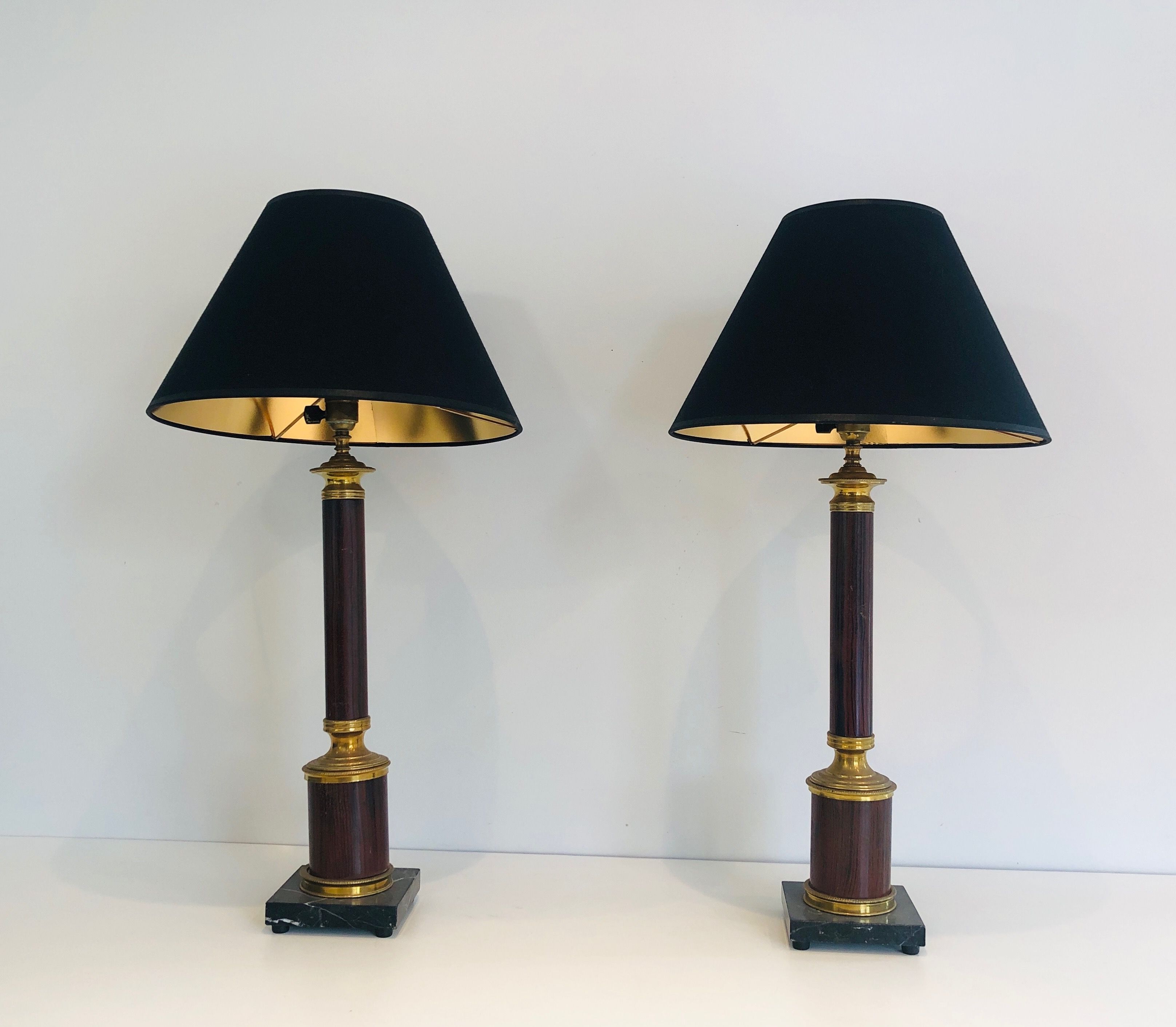 Pair of Neoclassical Style Faux-Bois Metal and Brass Table Lamps