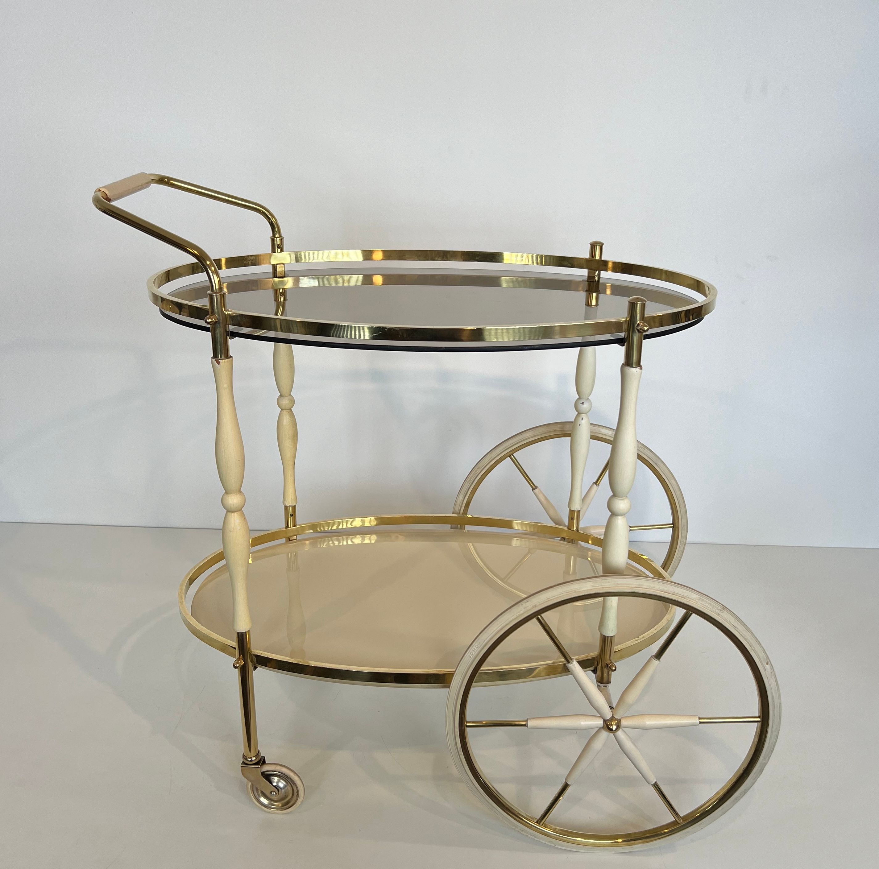 Oval Brass and Lacquered Wood Italian Drinks Trolley