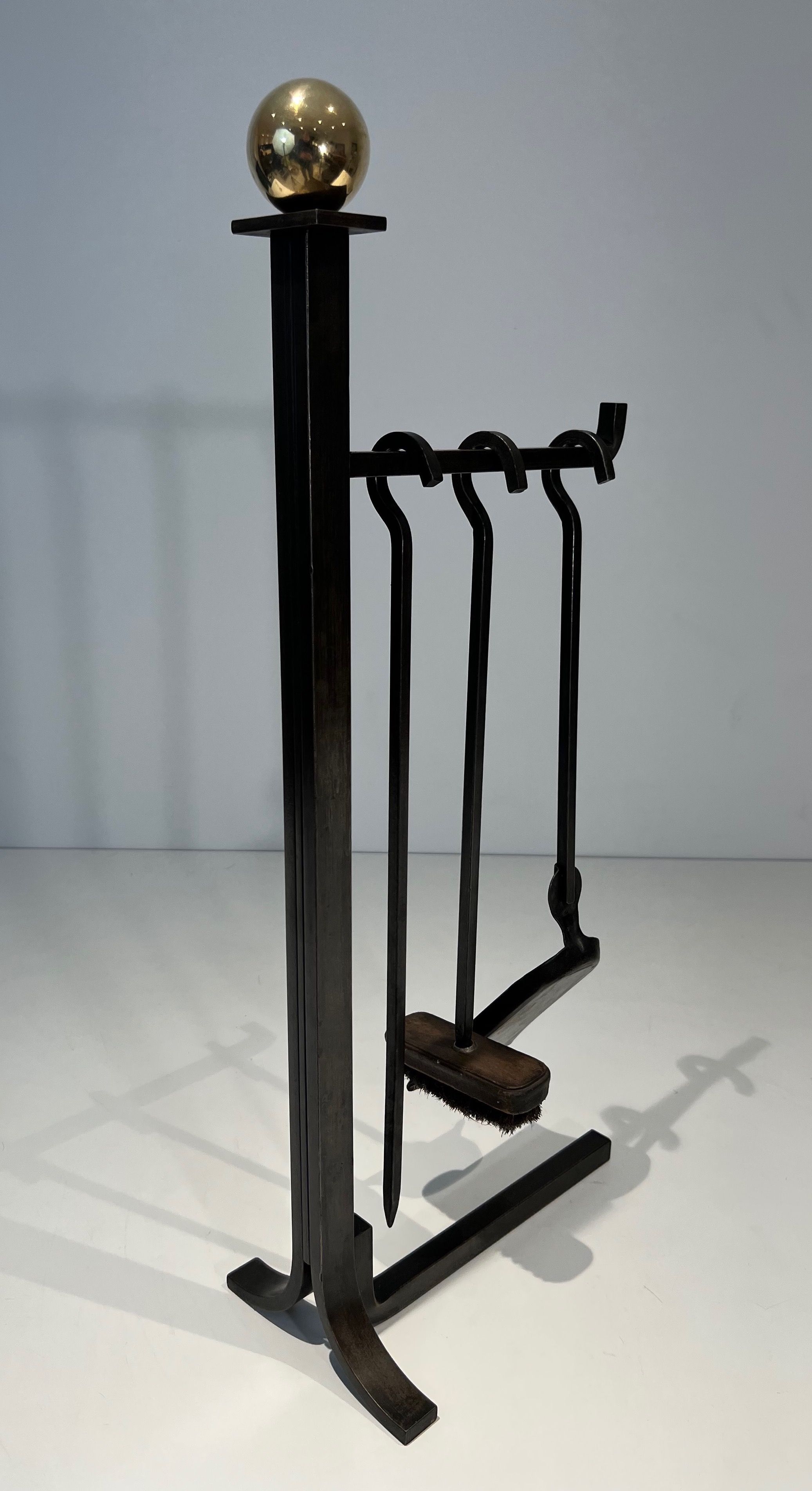 Modernist Steel and Brass Fireplace Tools on Stand in the Style of Jacques Adnet