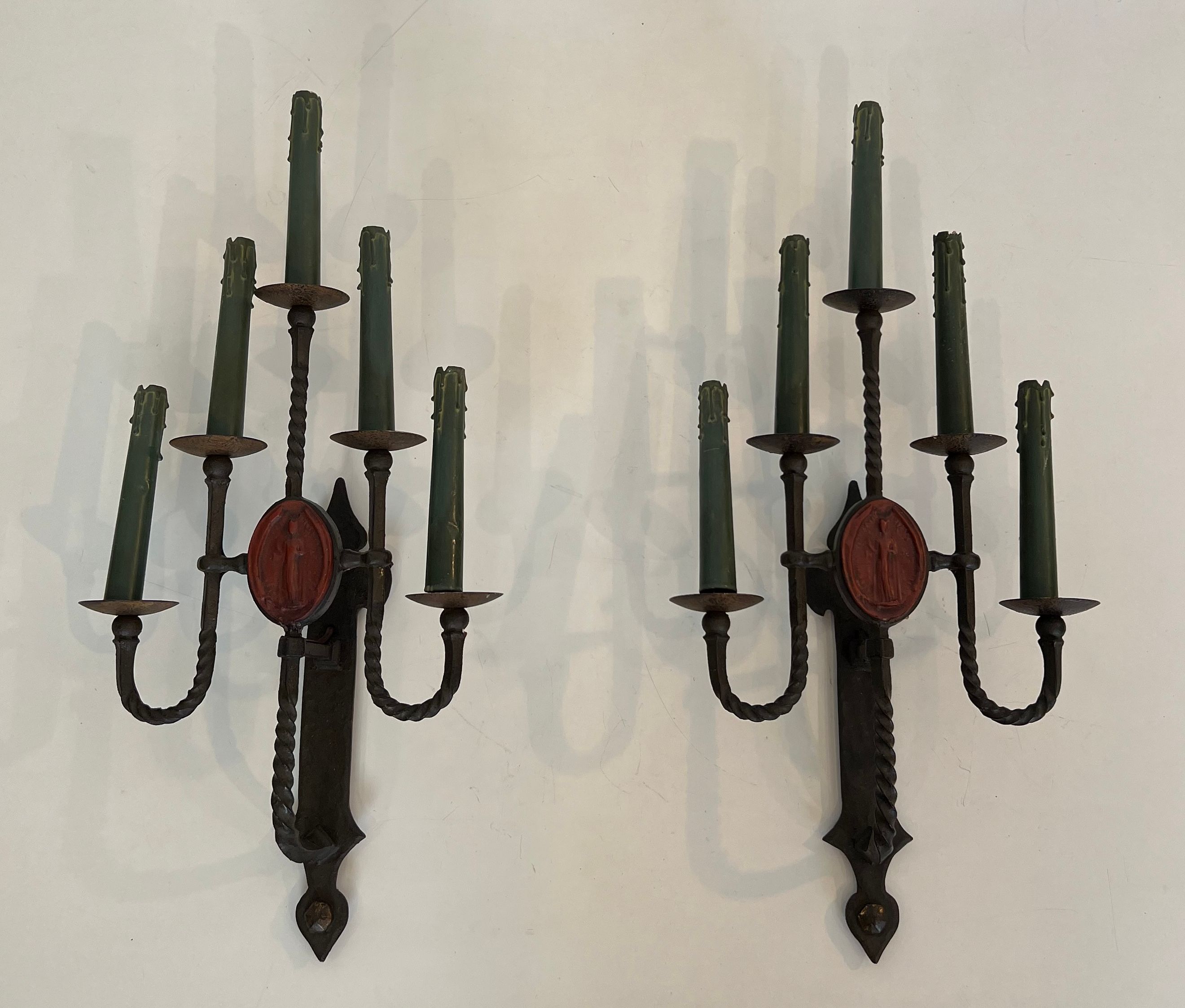 Large Pair of Wrought Iron Wall Lights with 5 Arms in the Gothic Style
