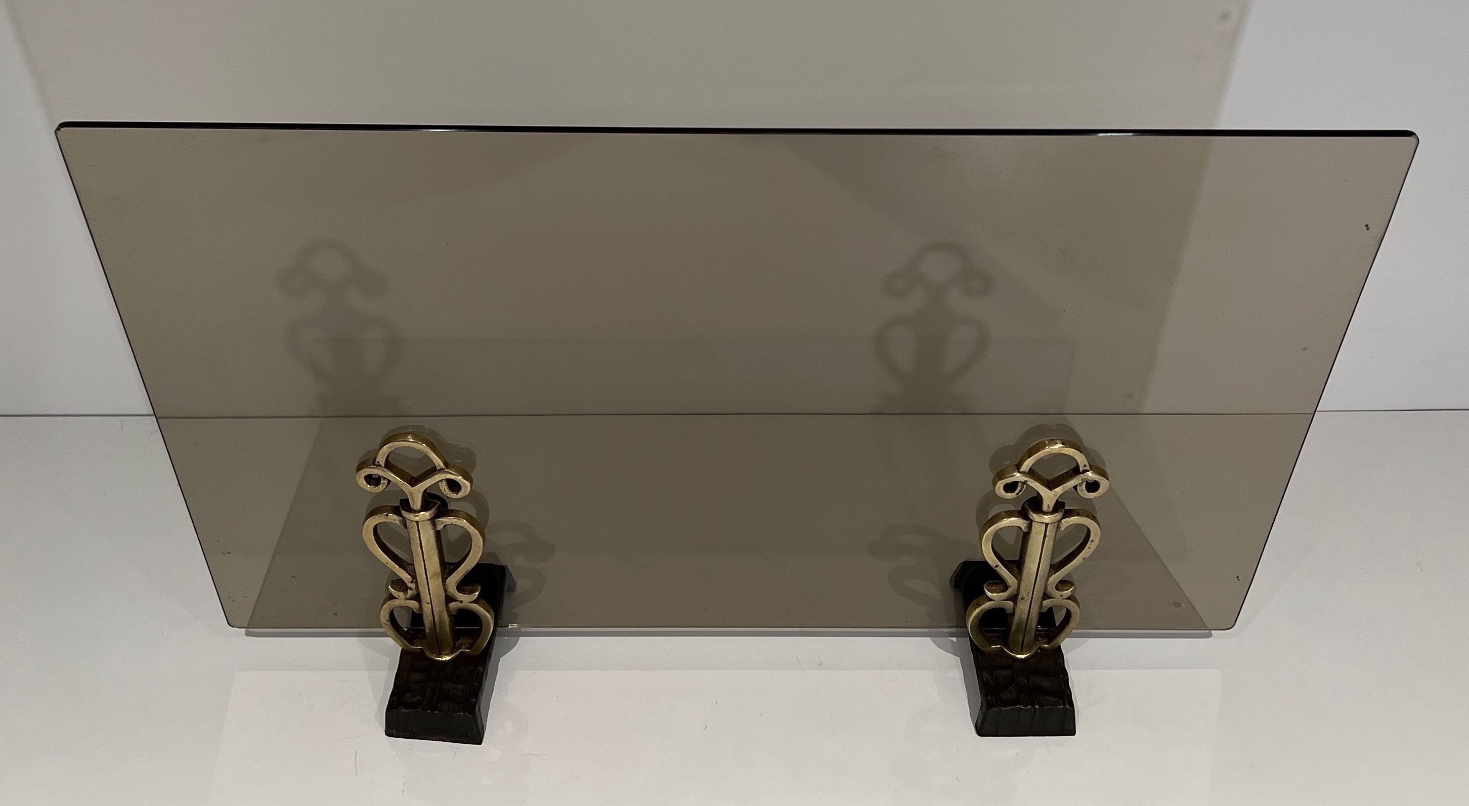 Smoked Glass and Bronze Modernist Fireplace Screen