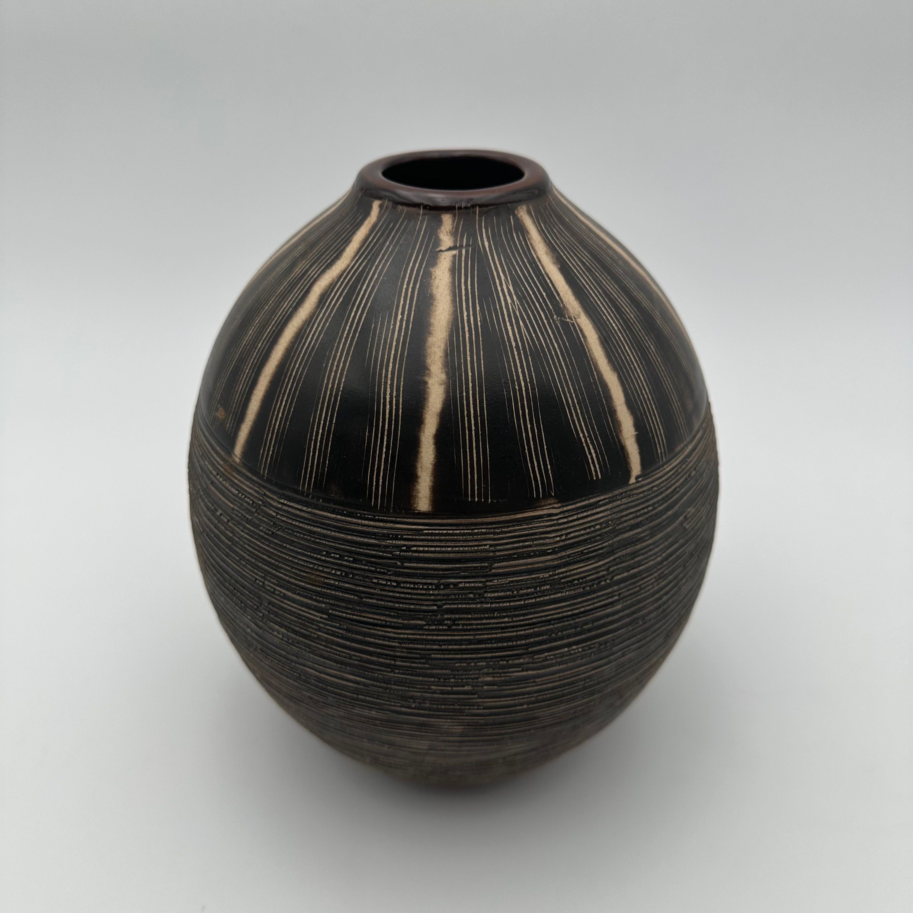 Black and White Monogram Ceramic Vase – In the Style of Jean Besnard, Circa 1950