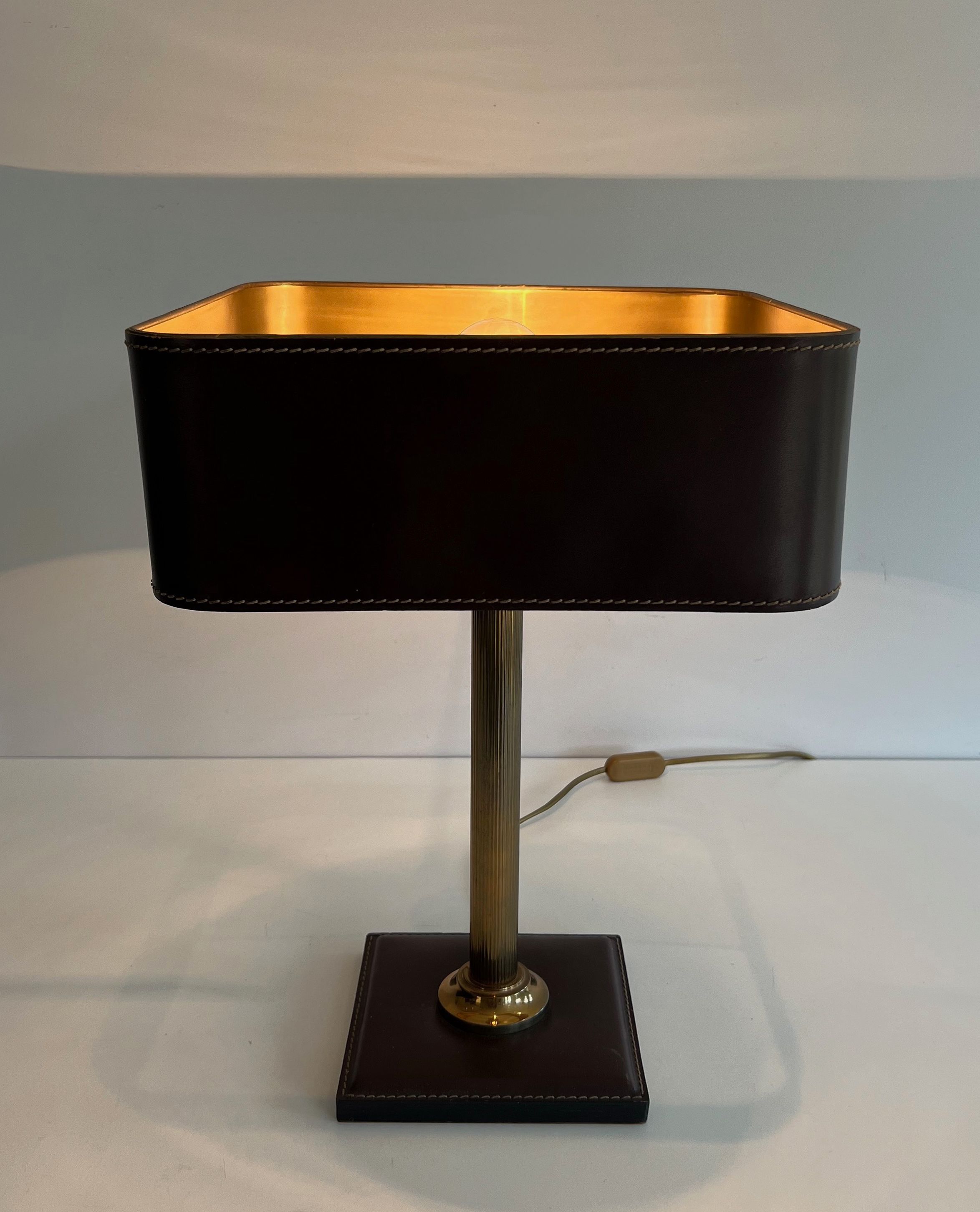 Brown Leather and Brass Desk Lamp in the Style of Jacques Adnet
