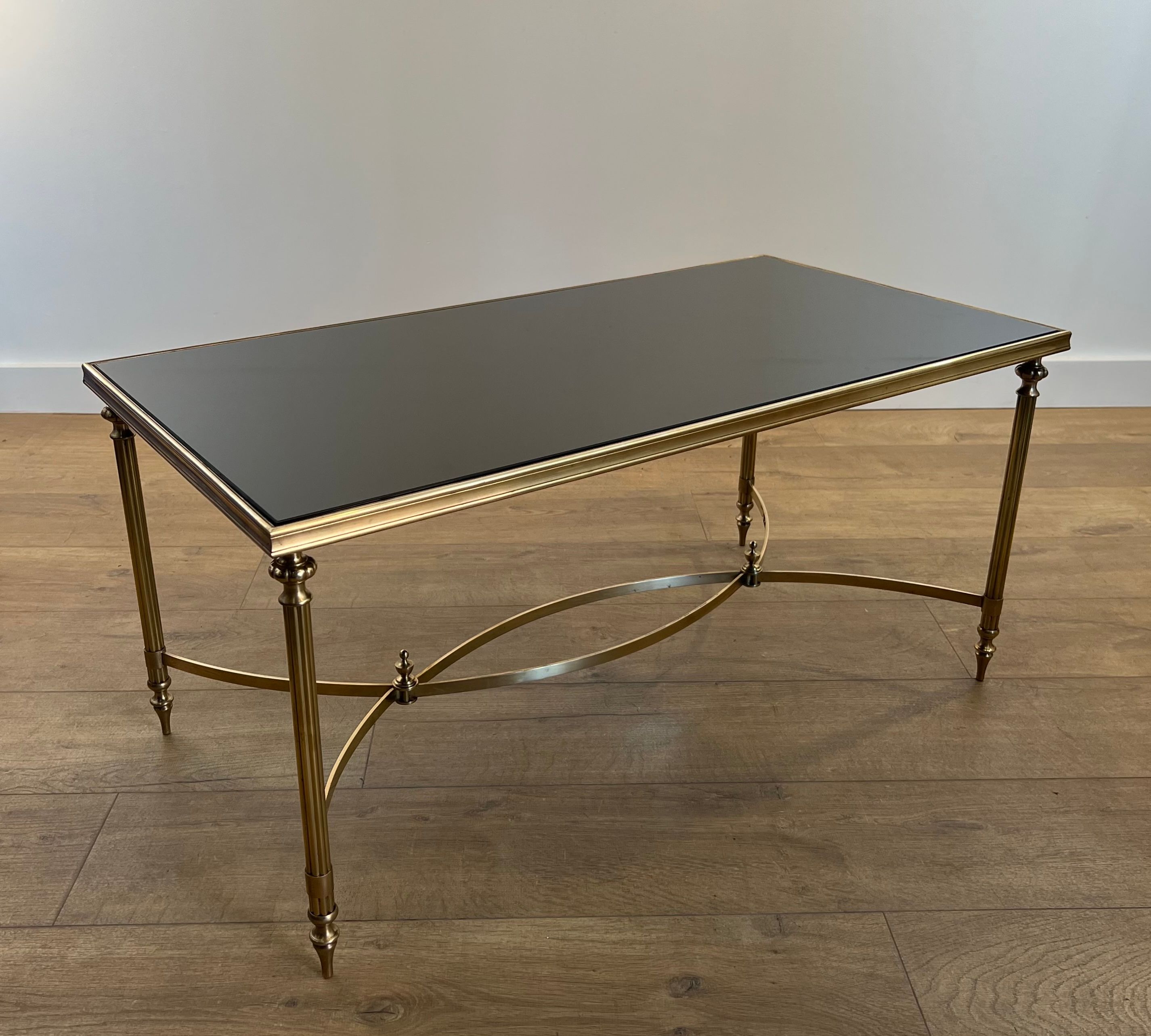 Brass Coffee Table with Black Lacquered Glass Top by Maison Jansen