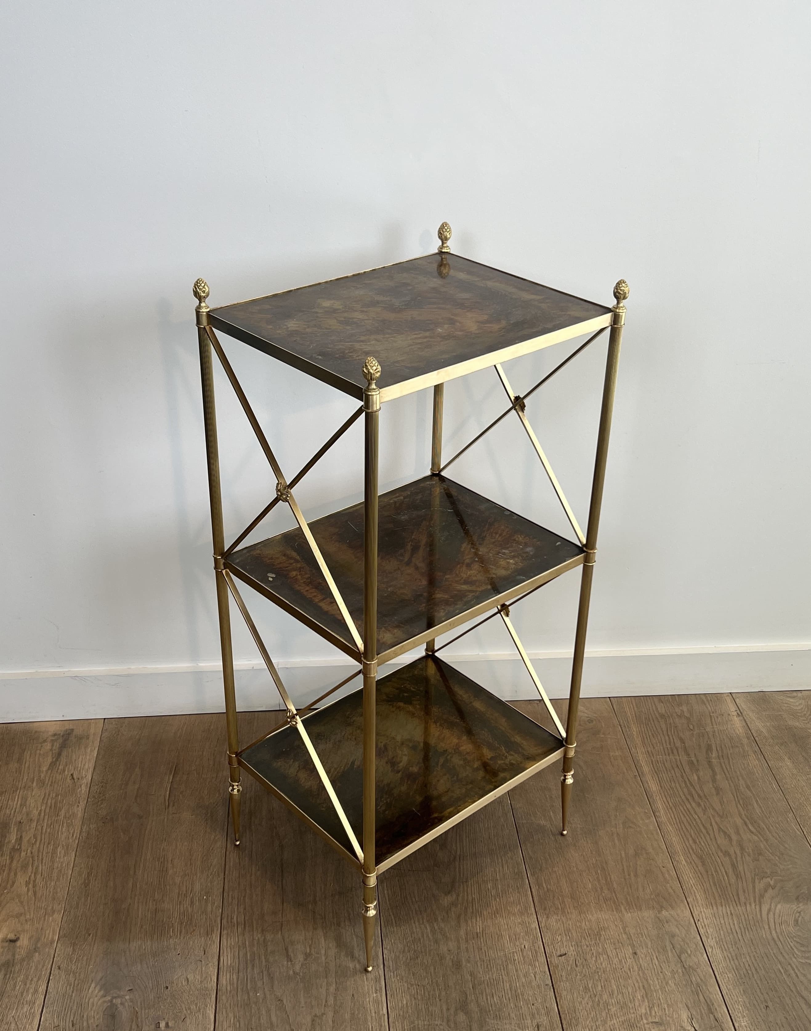 Three-Tier Brass and Eglomise Glass Shelf, Attributed to Maison Jansen, 1940s
