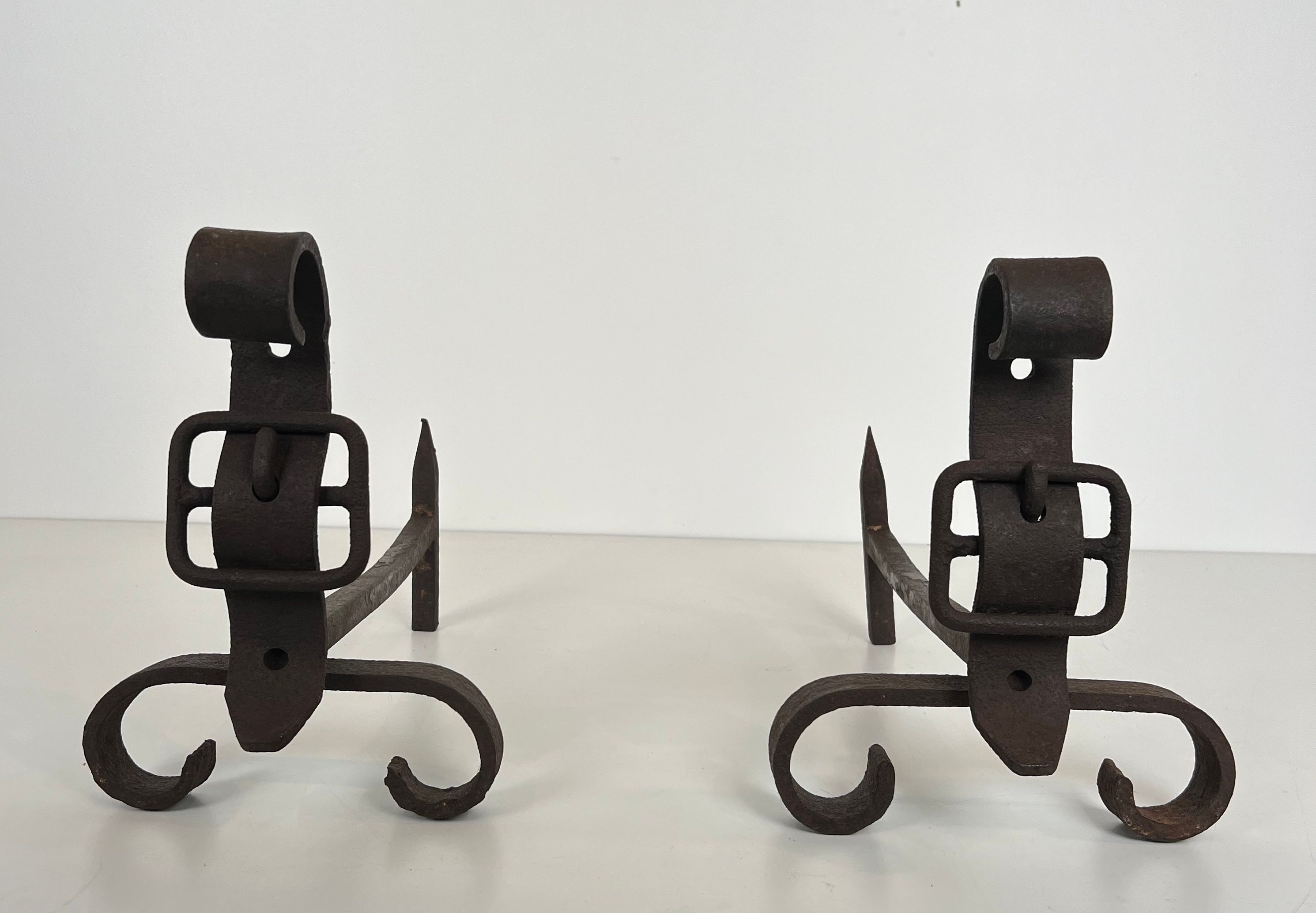 Pair of Modernist Cast Iron and Wrought Iron Belt Andirons