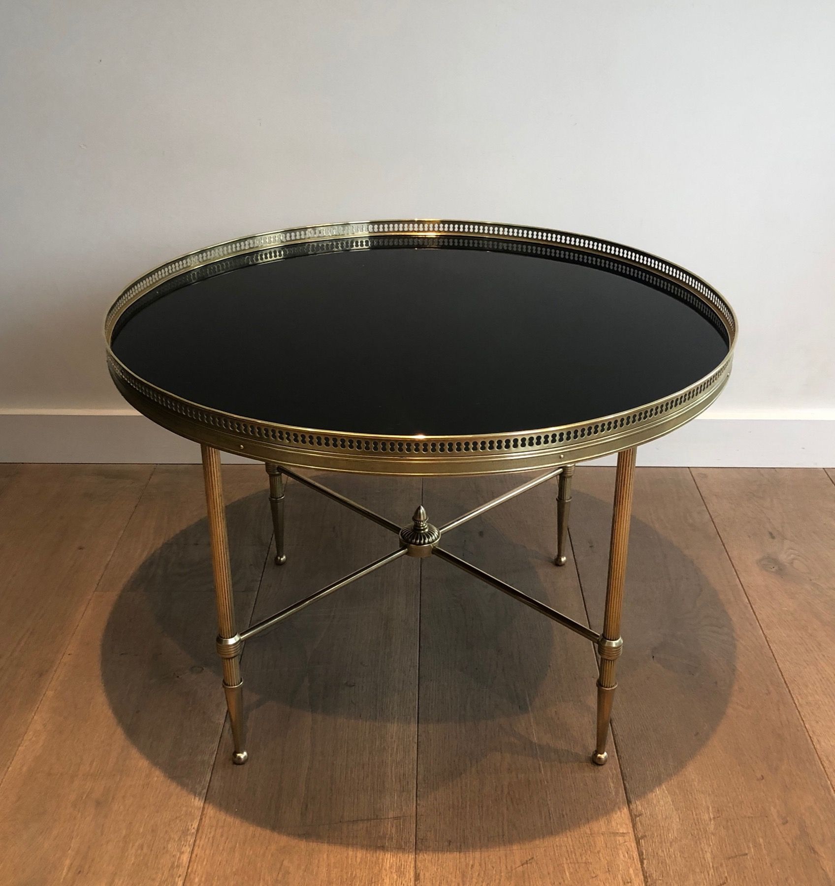 Round Brass Coffee Table with Black Lacquered Glass Top by Maison Jansen