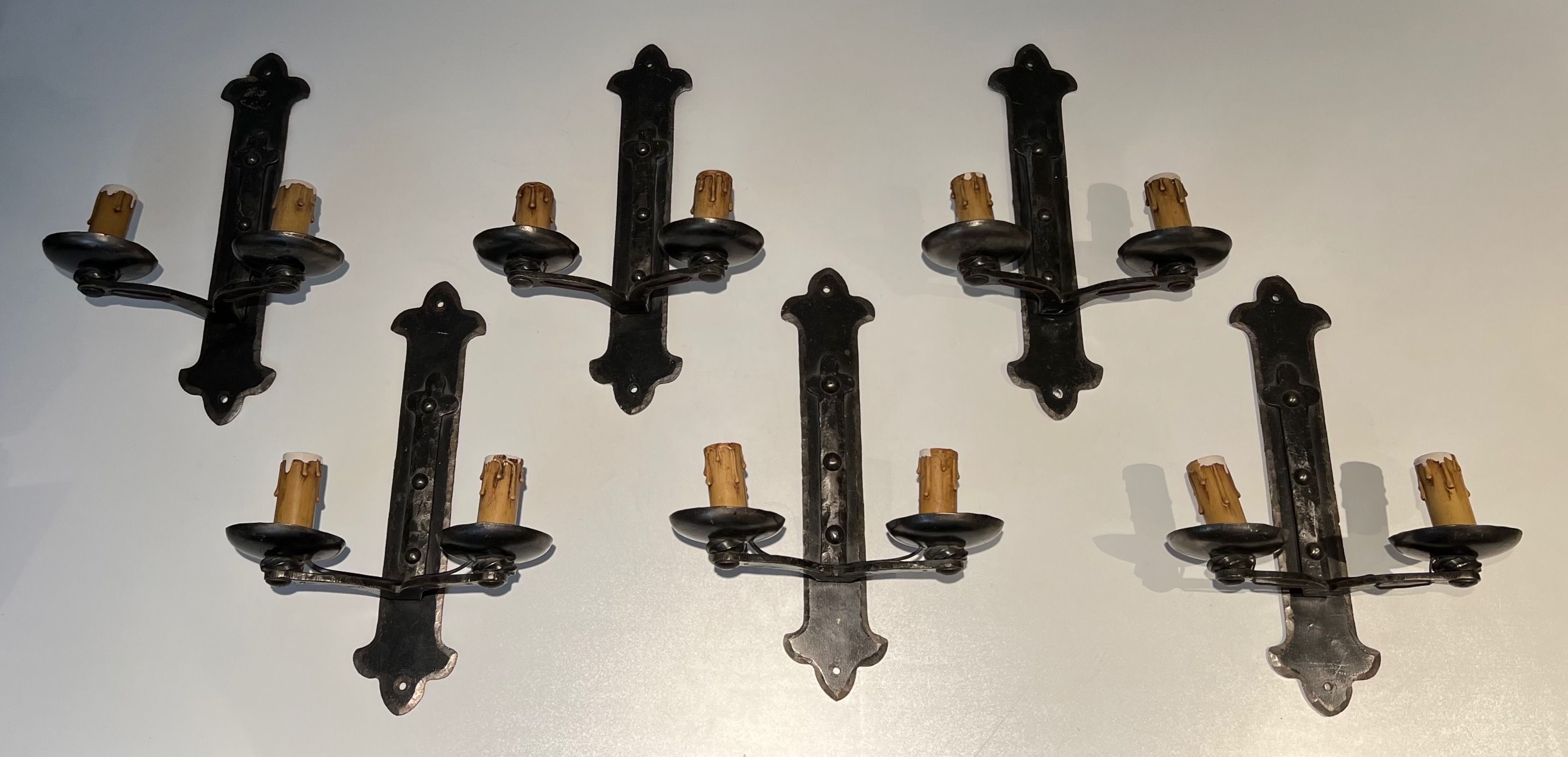 Set of Six Wrought Iron Wall Lights. French Work. Circa 1950