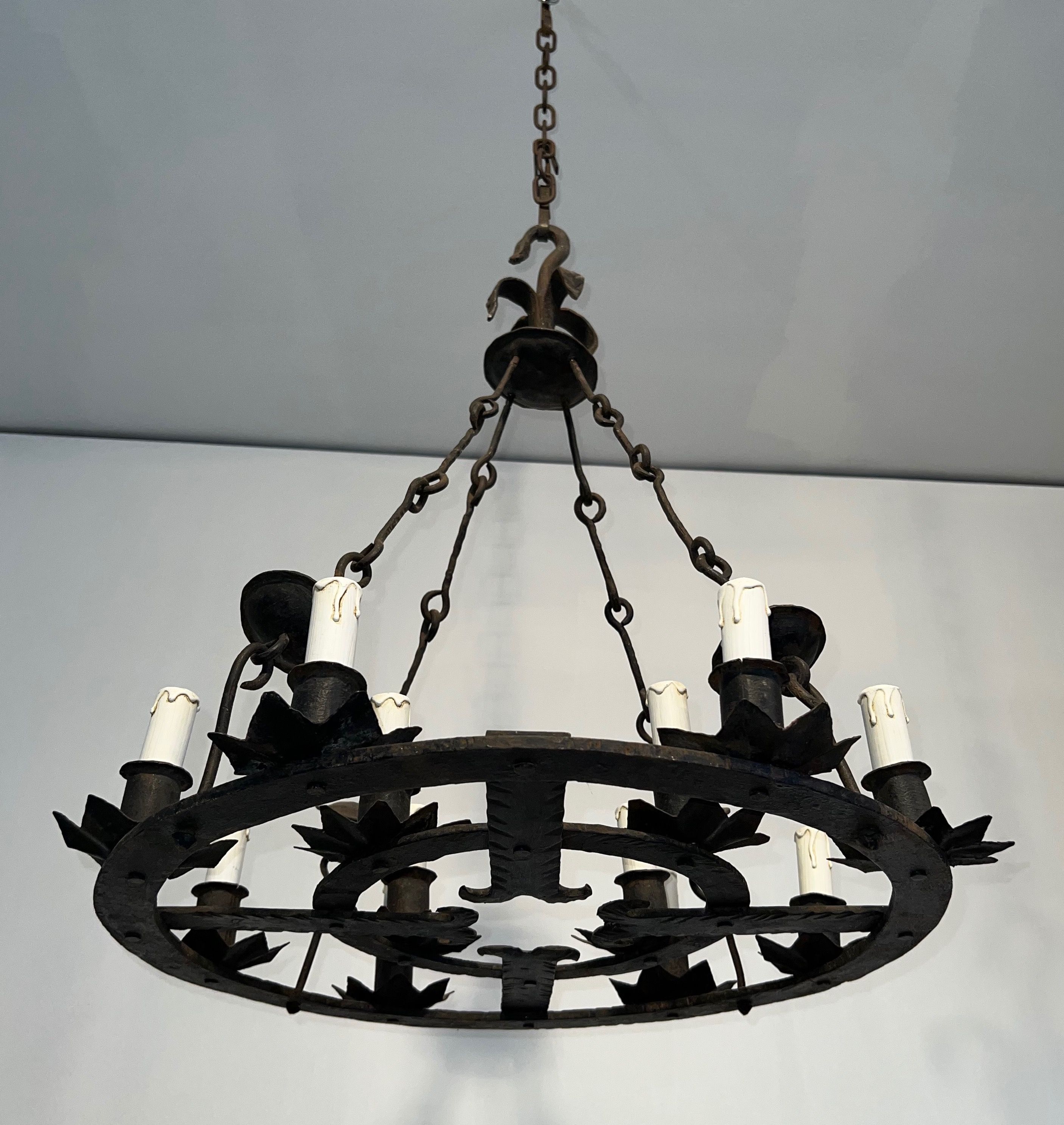 Wrought Iron Chandelier with 12 Lights in the Gothic Style. Circa 1950