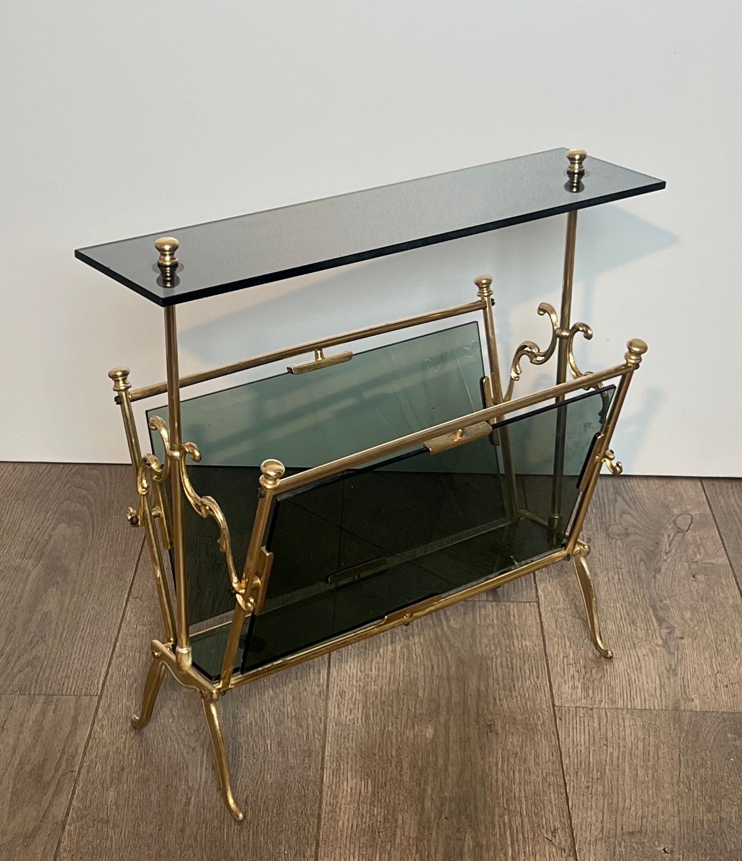 Brass Magazine Rack with Bluish Glass