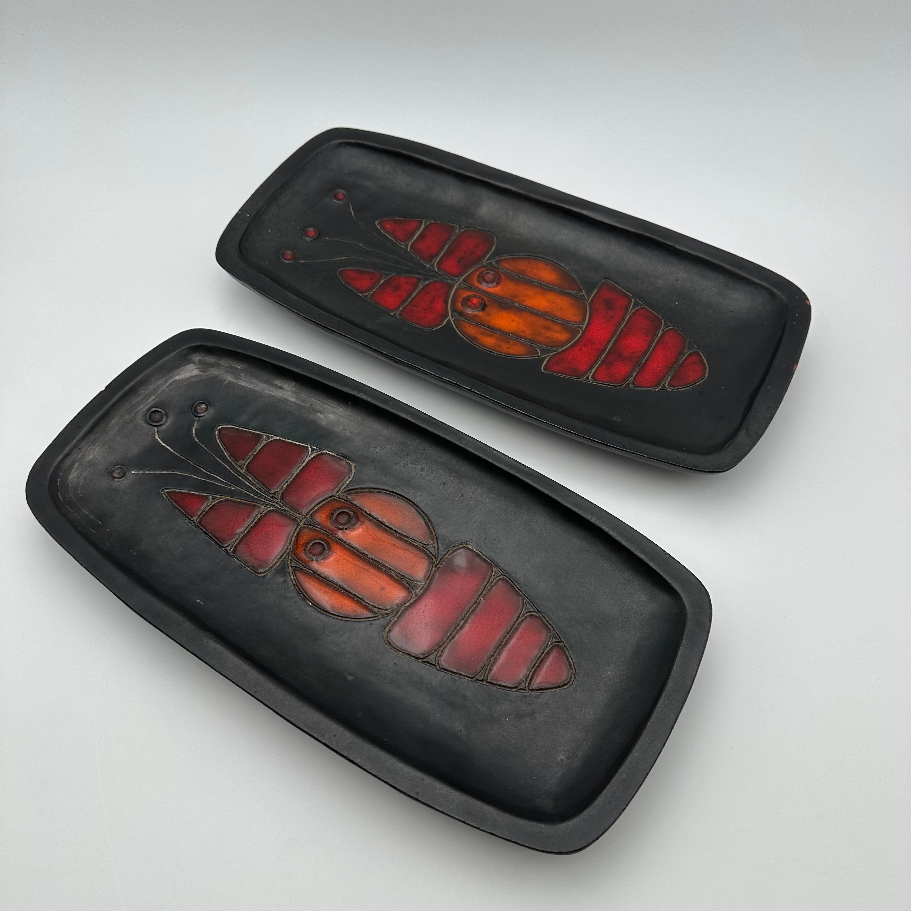 Pair of Black Ceramic Fish Dishes By Oswald Tieberghien, France, Circa 1970