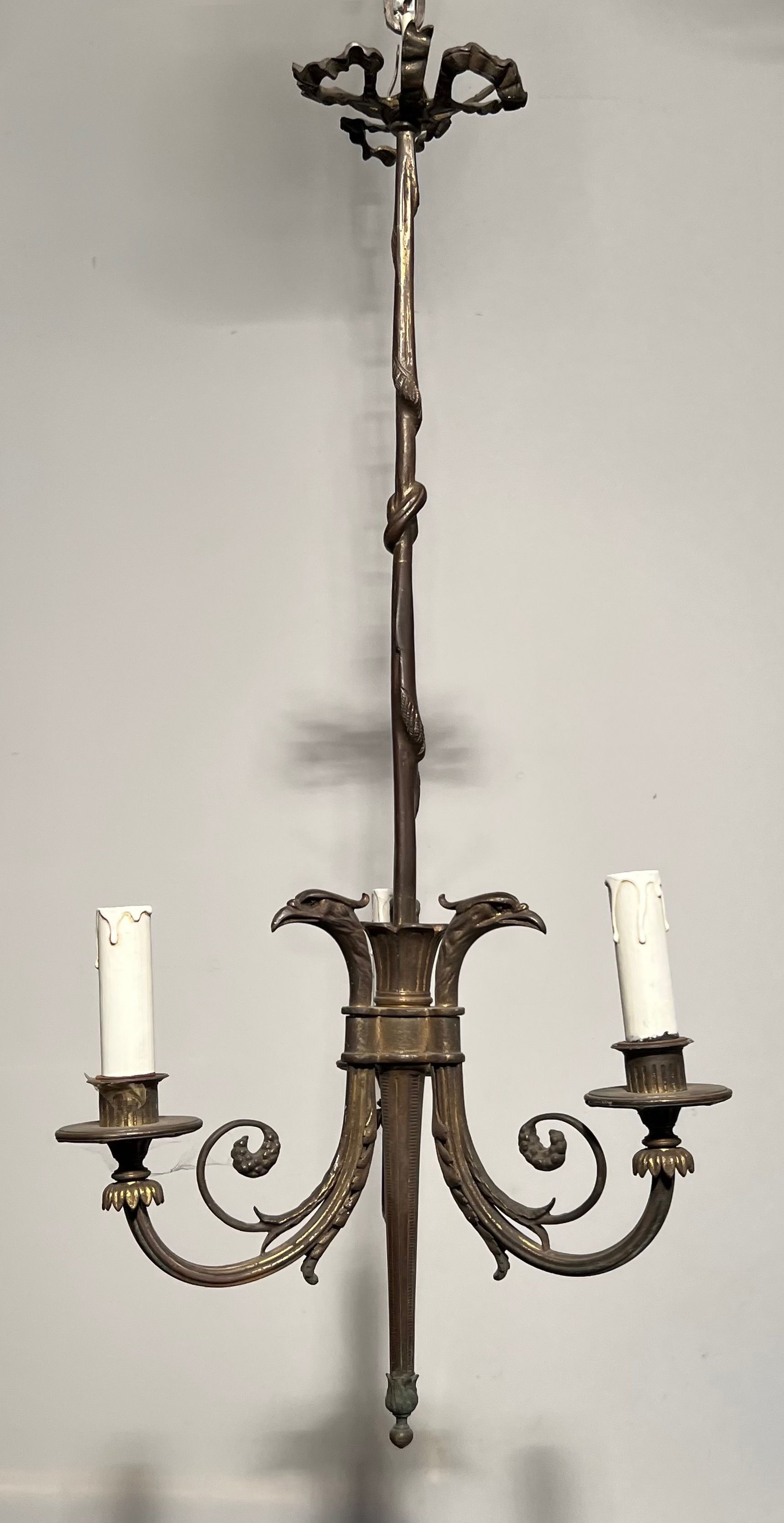 Empire Style Bronze Chandelier With 3 Lights Topped with Eagles Heads