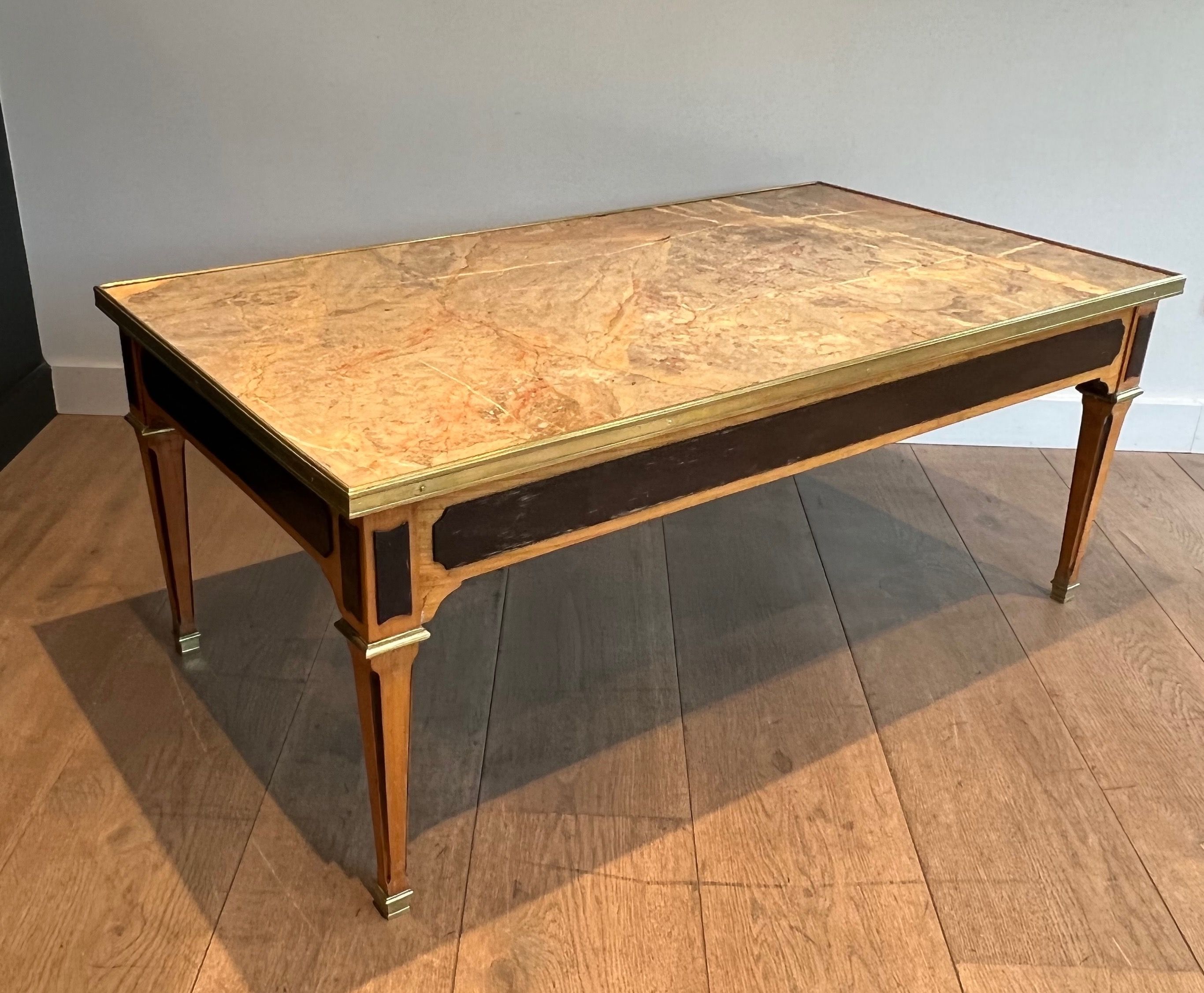 Neoclassical Style Patinated Wood and Brass Coffee Table with Marble Top