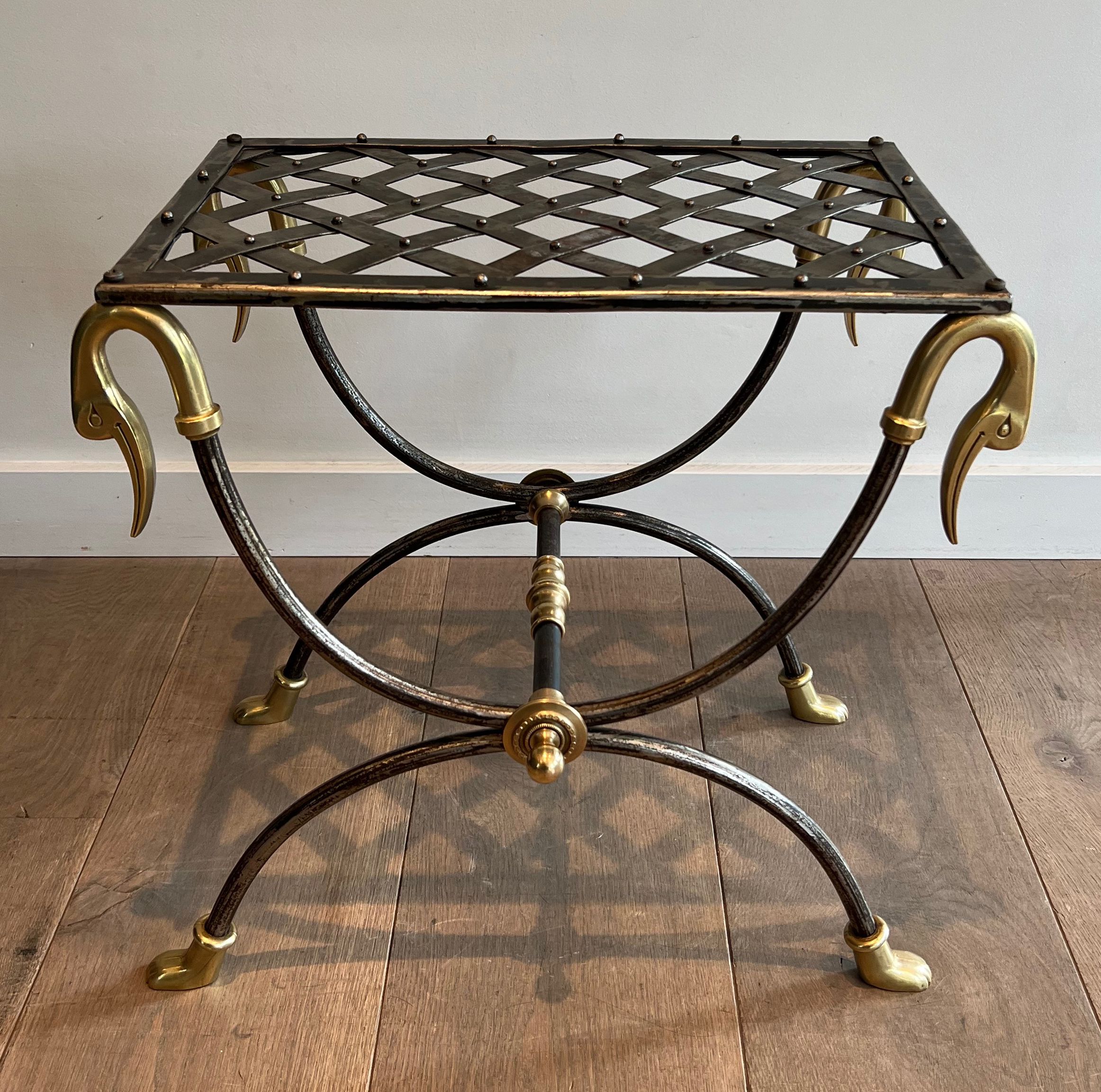 Neoclassical Style Steel and Brass Curule Stool Attributed to Maison Jansen