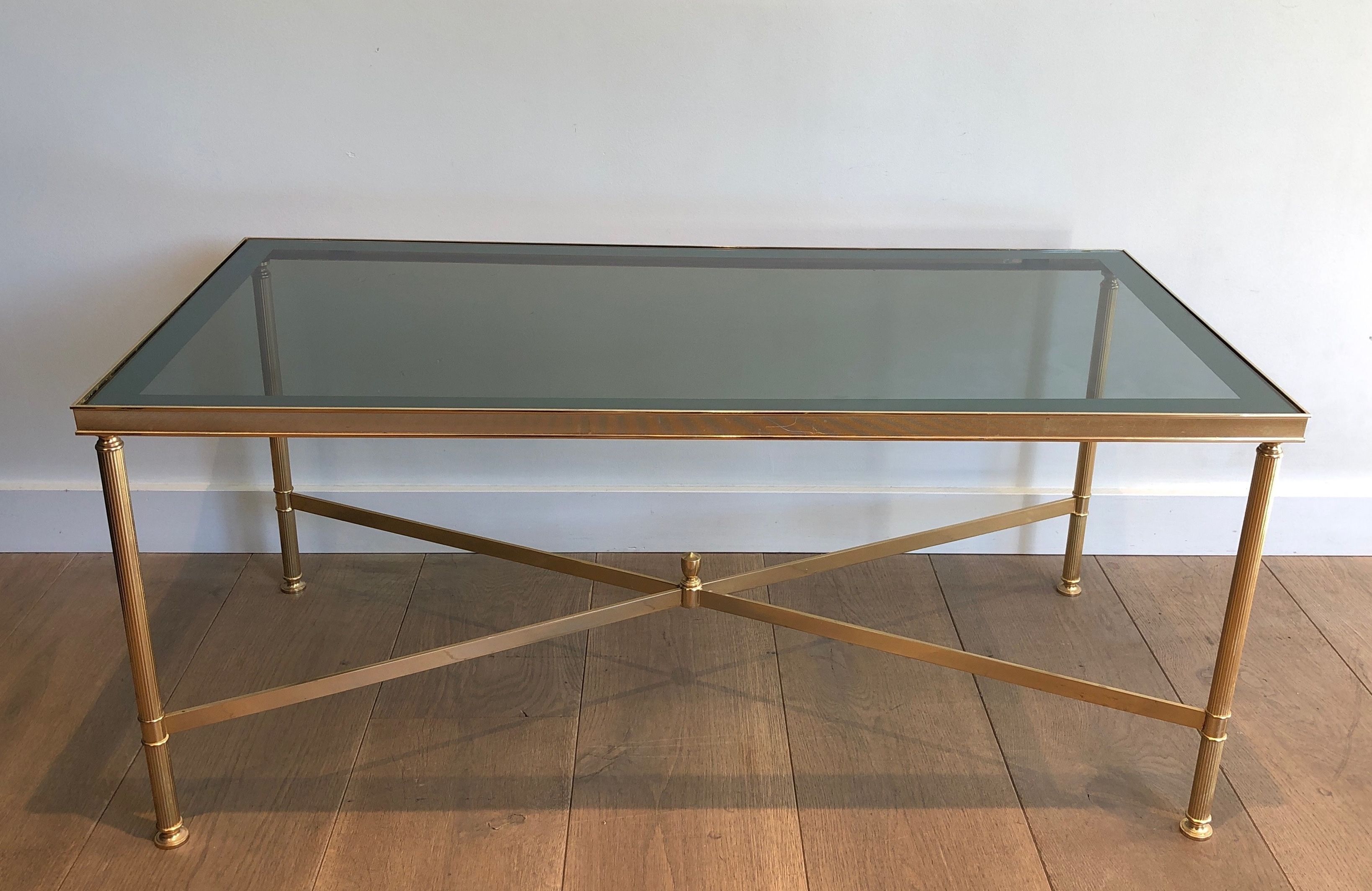 Neoclassical Style Gilt Metal Coffee Table with Blueish Glass Shelf