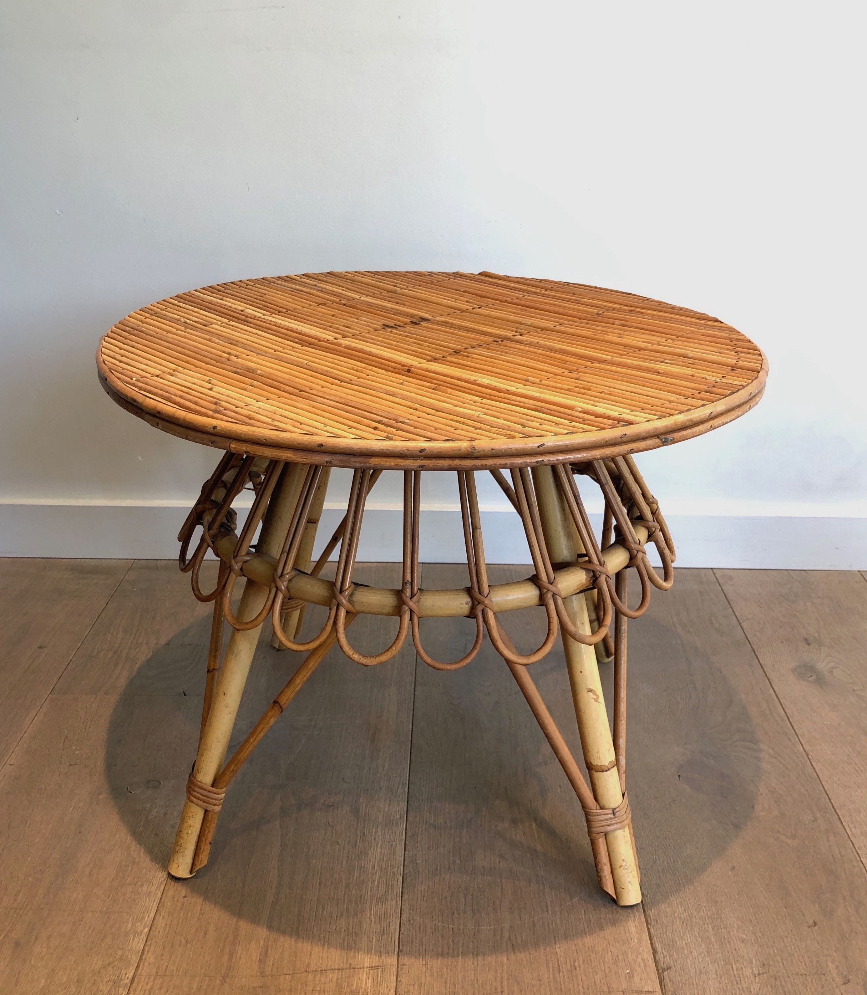 Table Basse Ronde en Rotin Attributed to Audoux Minet