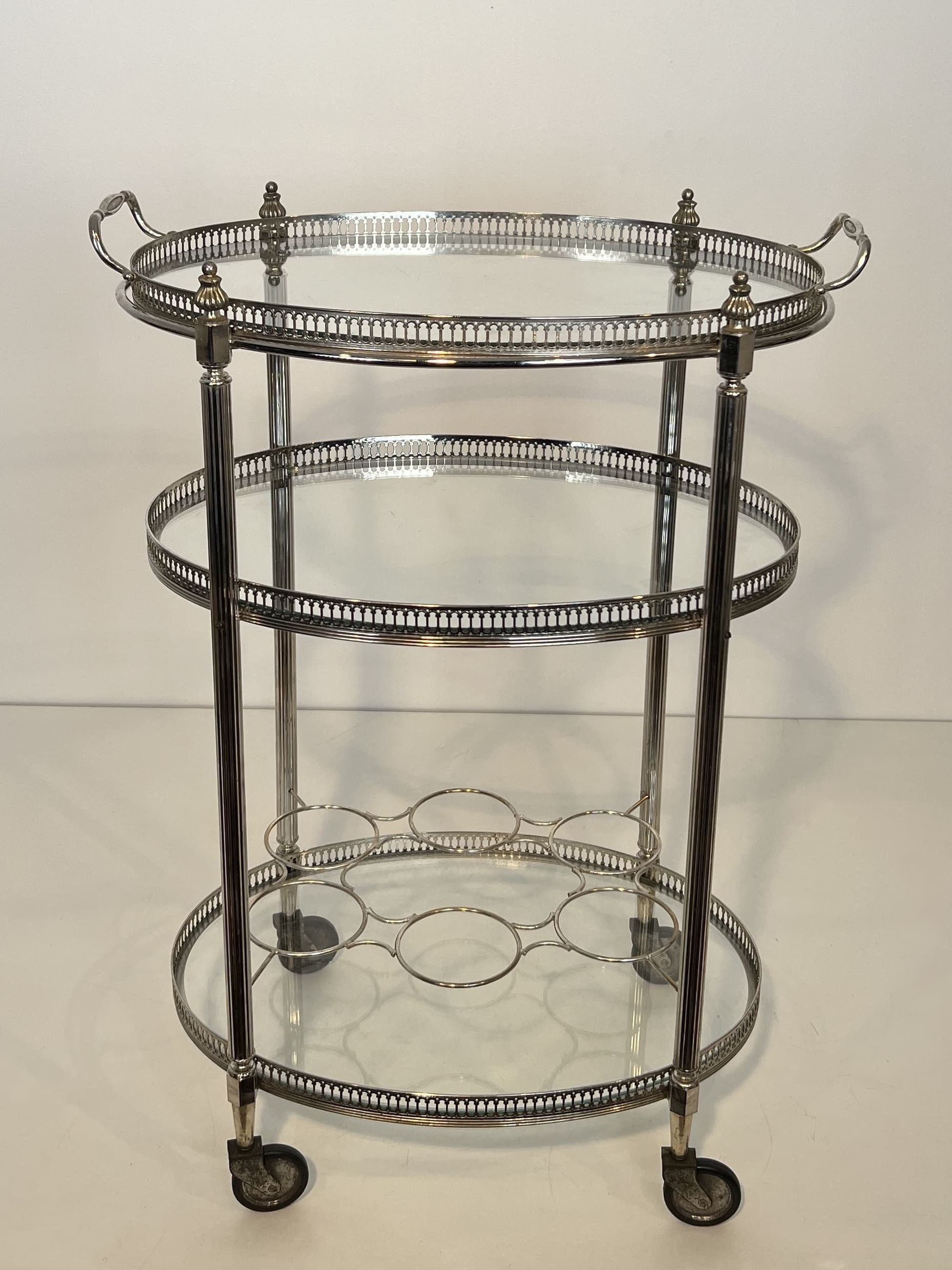 Silver-Plated Three-Tier Oval Bar Cart, Attributed to Maison Jansen, 1940s