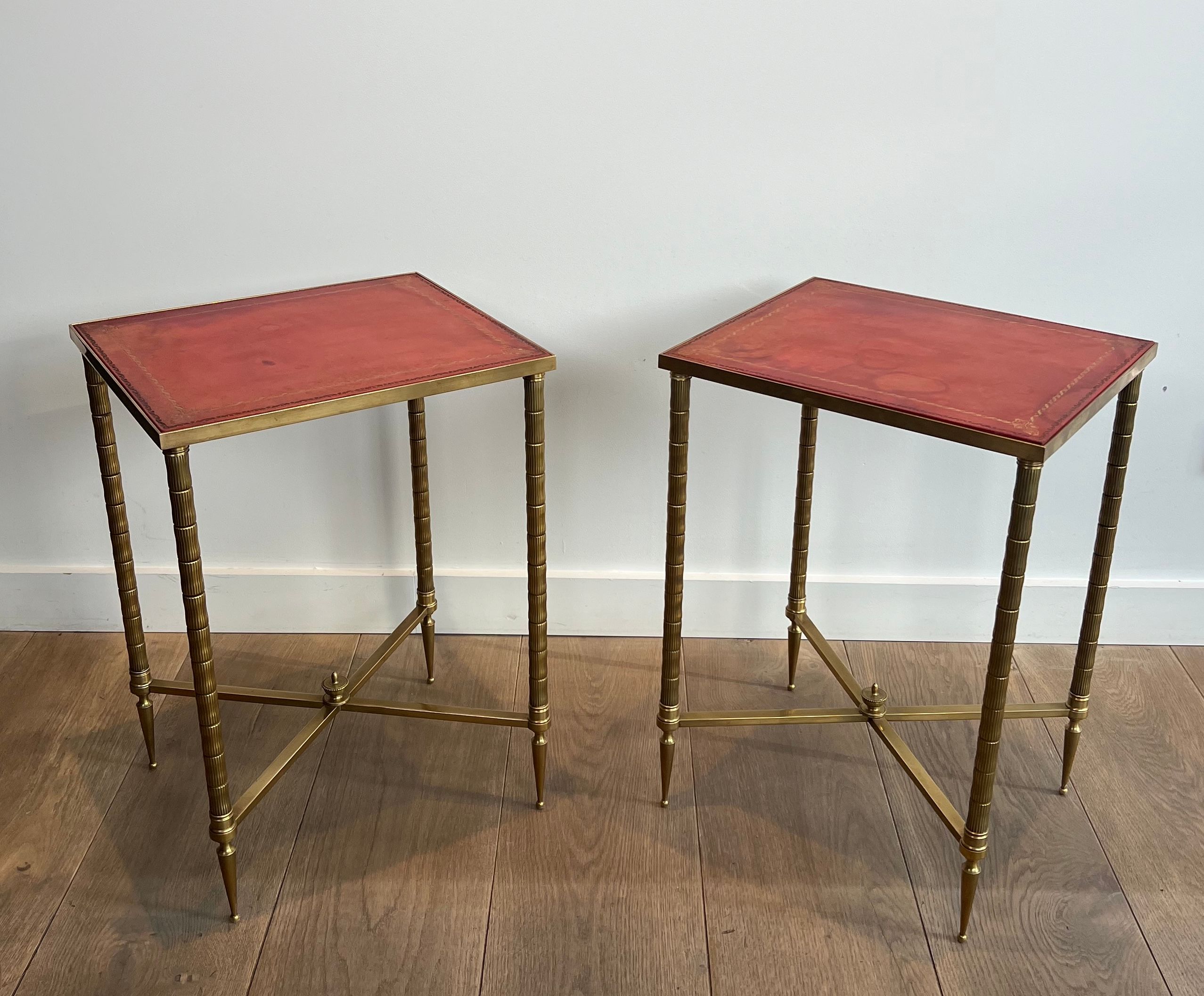 Pair of Neoclassical Style Brass Side Tables with Red Leather Tops by Maison Jansen