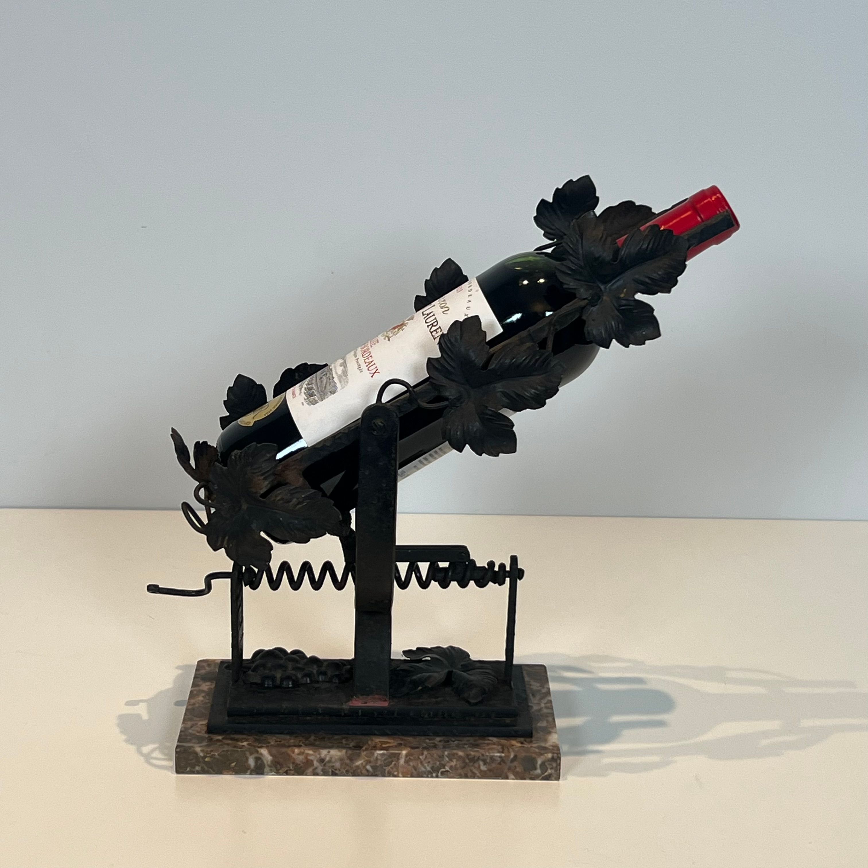 Wrought Iron Decanter with Vine Leaves Decoration on a Marble Base